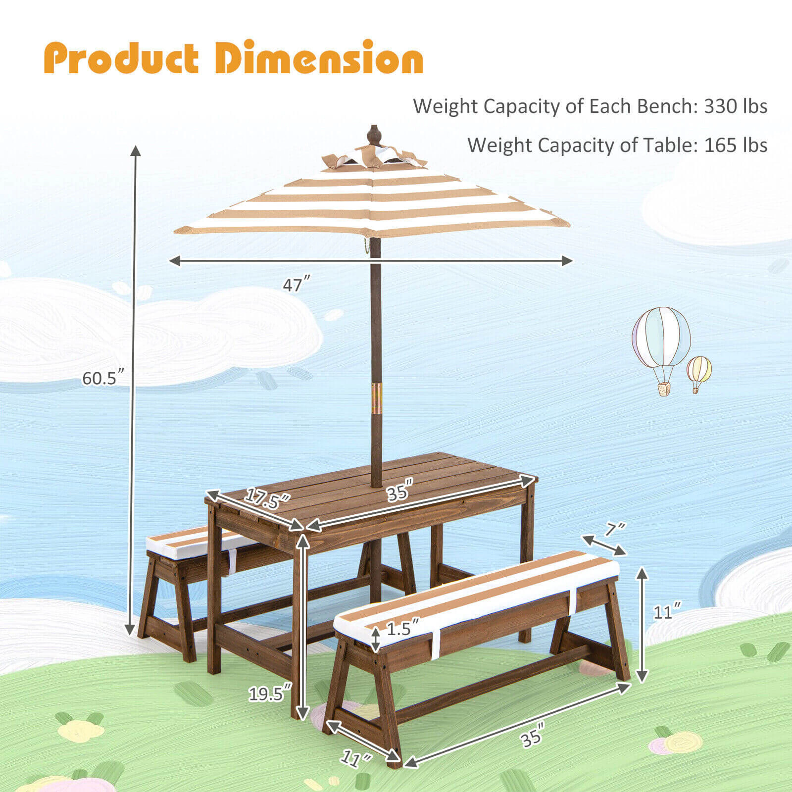 SUGIFT Brown Padded Cushions and Adjustable Umbrella Kids Fir Wood Picnic Table and Bench Set