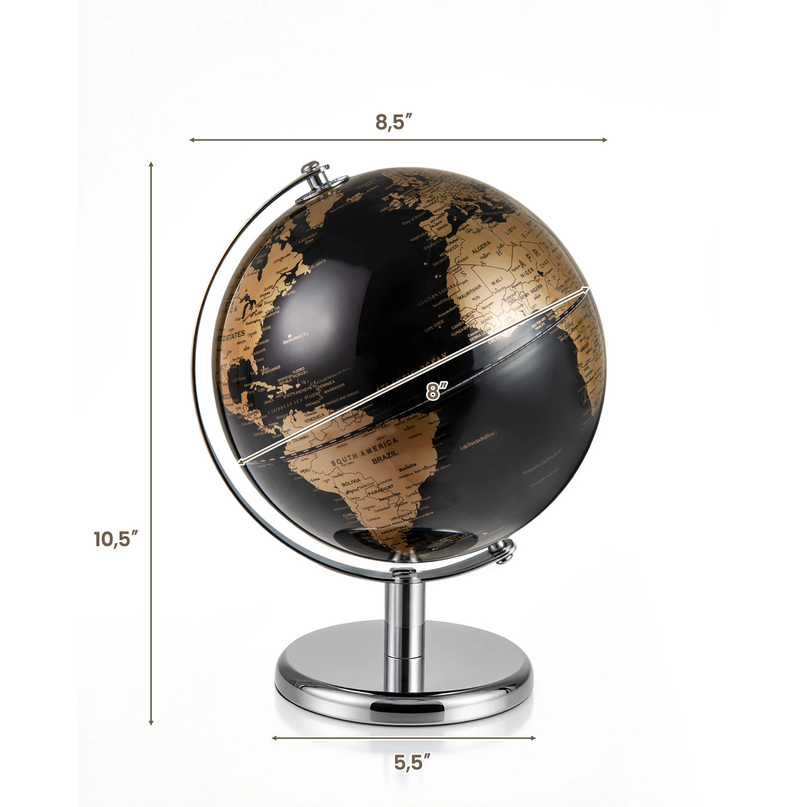 SUGIFT 8-in Rotating World Globe with Time Zone Markings Electroplated Metal Frame and Non-Slip Base