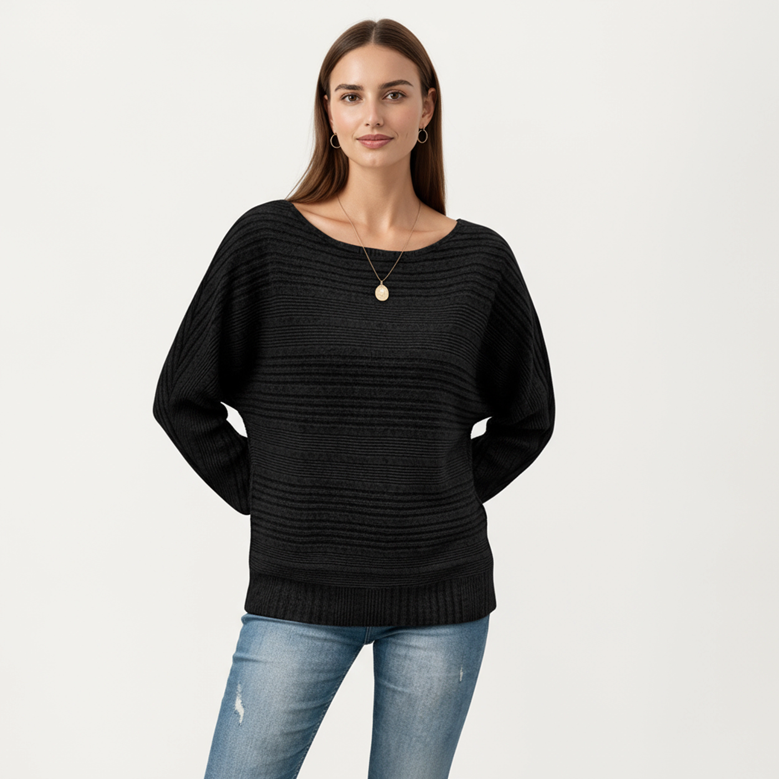 Anna-Kaci Women's Striped Boat Neck Relaxed Fit Long Sleeve Knit Sweater