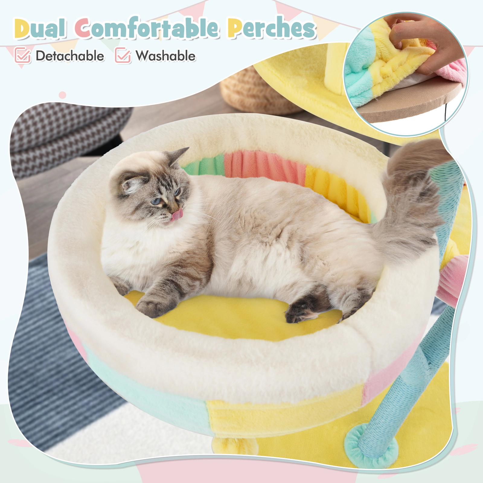 SUGIFT Multi-Layer Cat Tree with 2 Removable Perches Faux Rabbit Fur and Scratching Posts