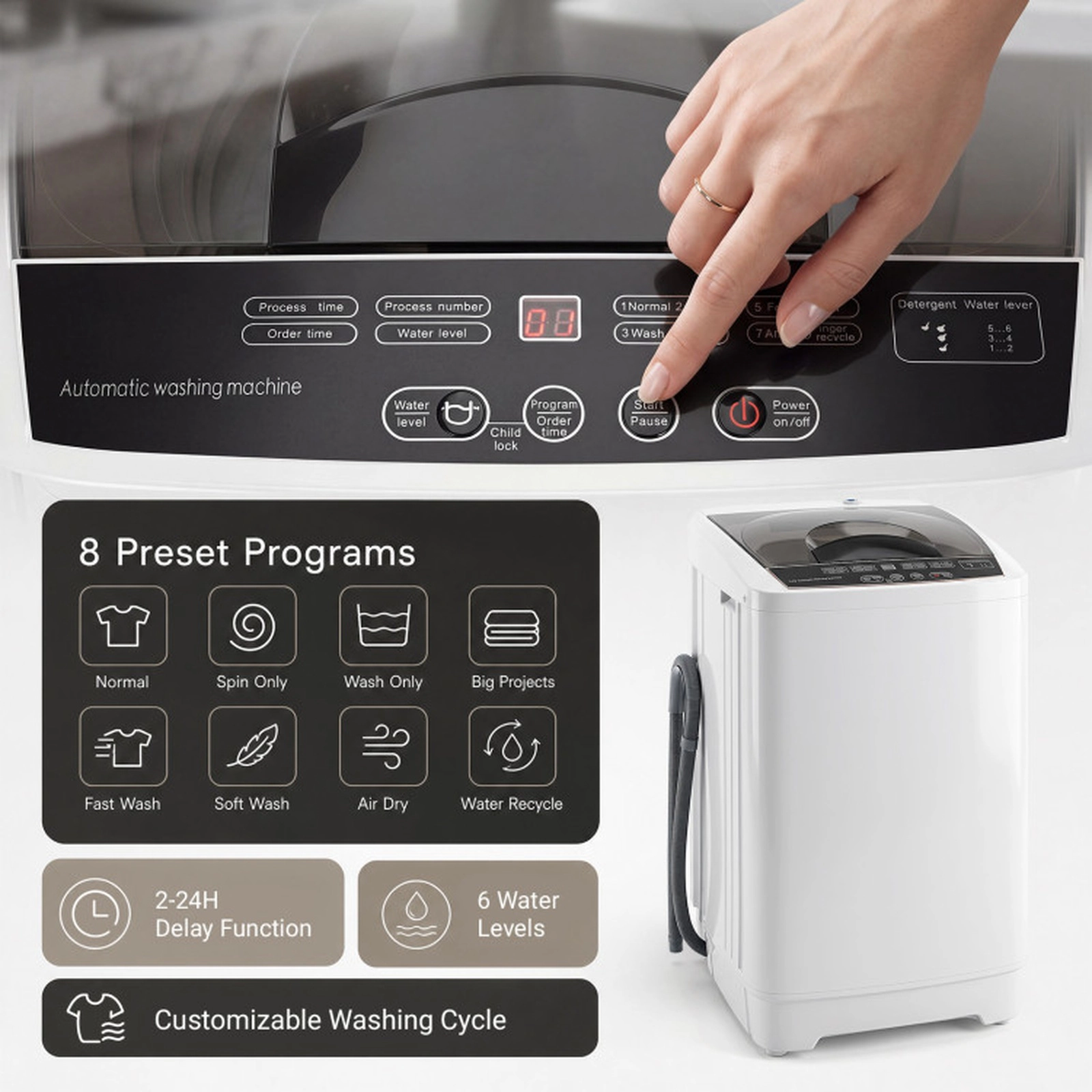 SUGIFT Full Automatic Compact Washing Machine Wash Spin Dry 8 Programs 9.93-lb Capacity 18.5 x 18.5 x 33-in Gray/White