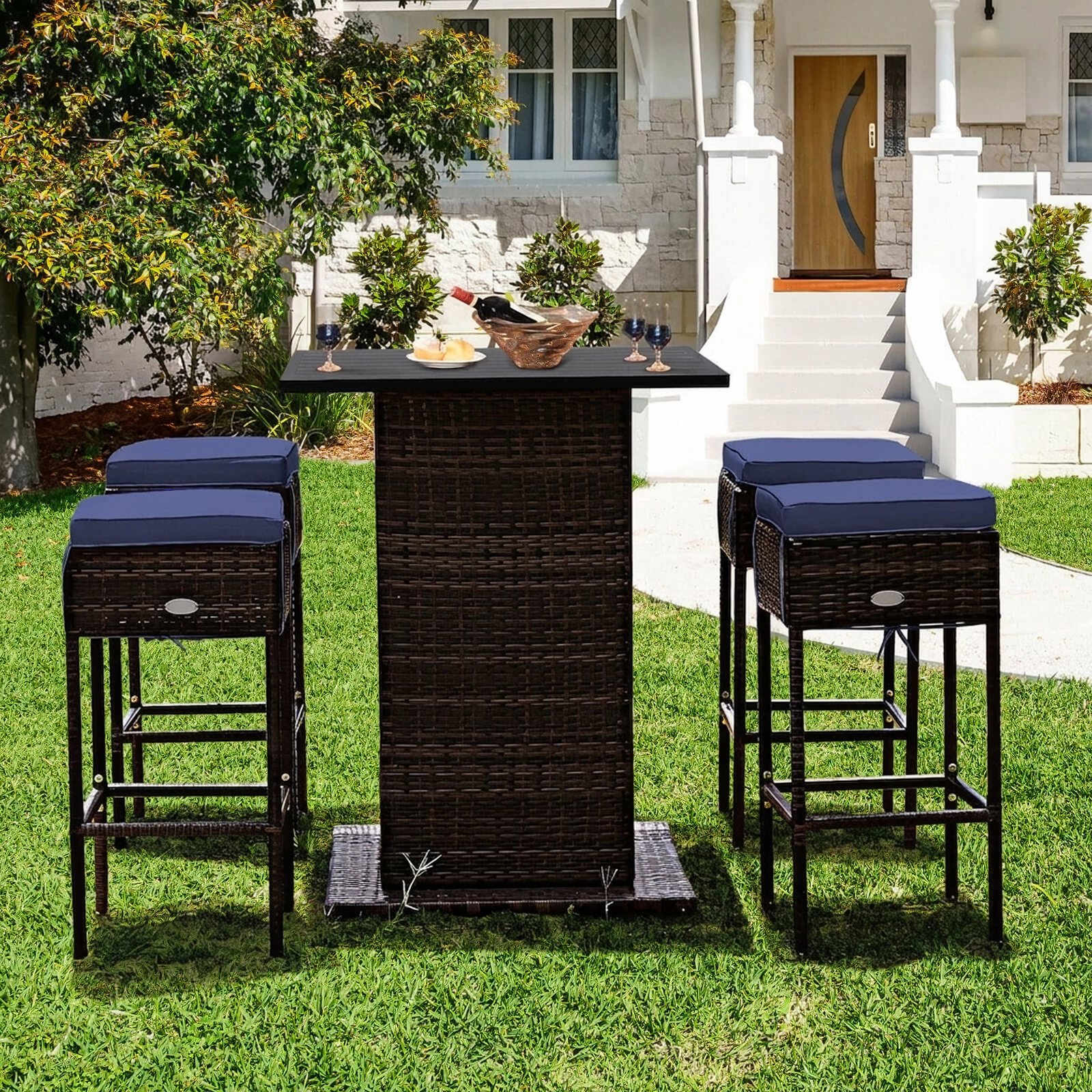SUGIFT Hidden Storage Shelf and 4 Cushioned Stools 5-Piece Patio Rattan Bar Set