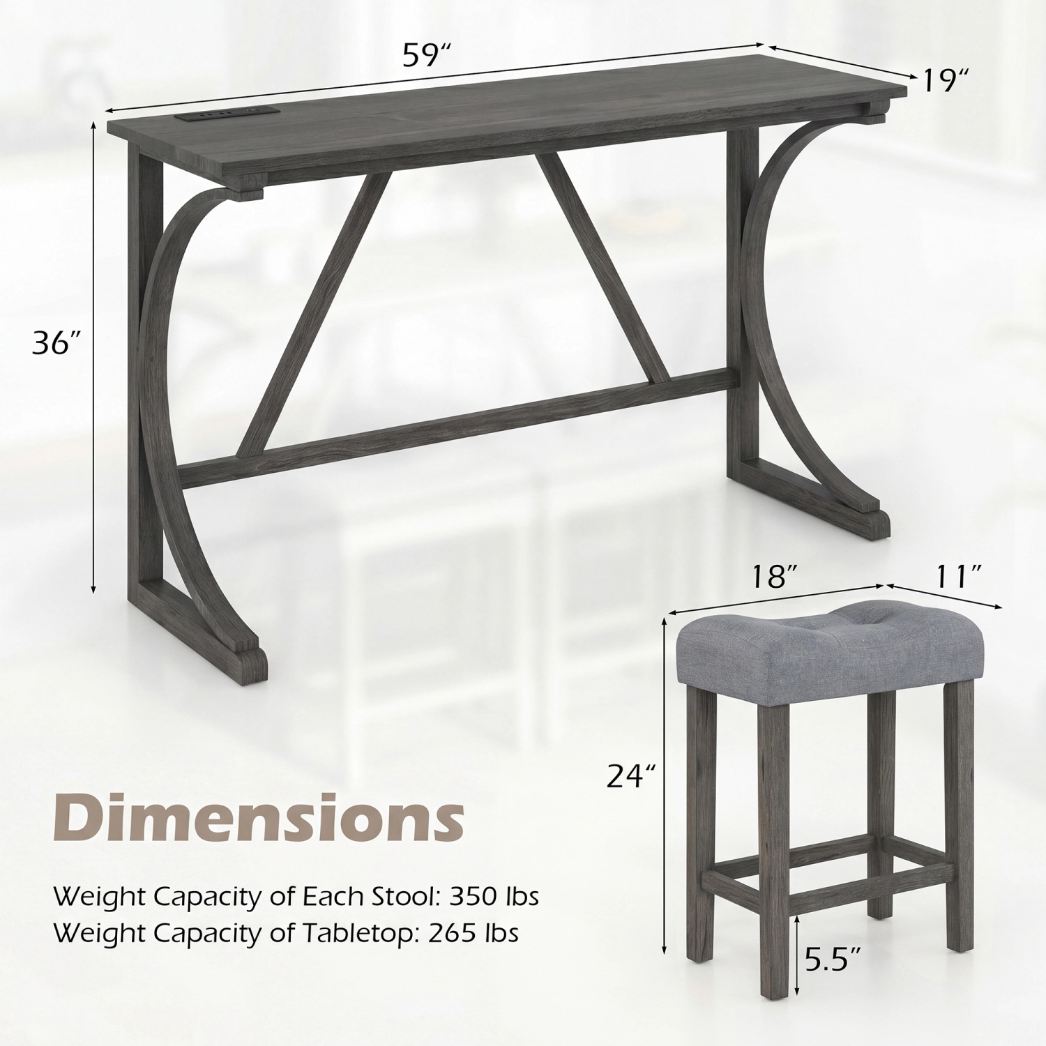 LJG 4-Piece Bar Table Set with Power Outlet and Upholstered Saddle Seat Stools