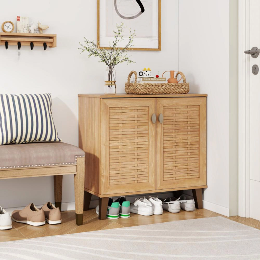 Hivvago 2-Door 4-Tier Shoe Cabinet Storage Organizer with Ventilated Woven Doors-Teak