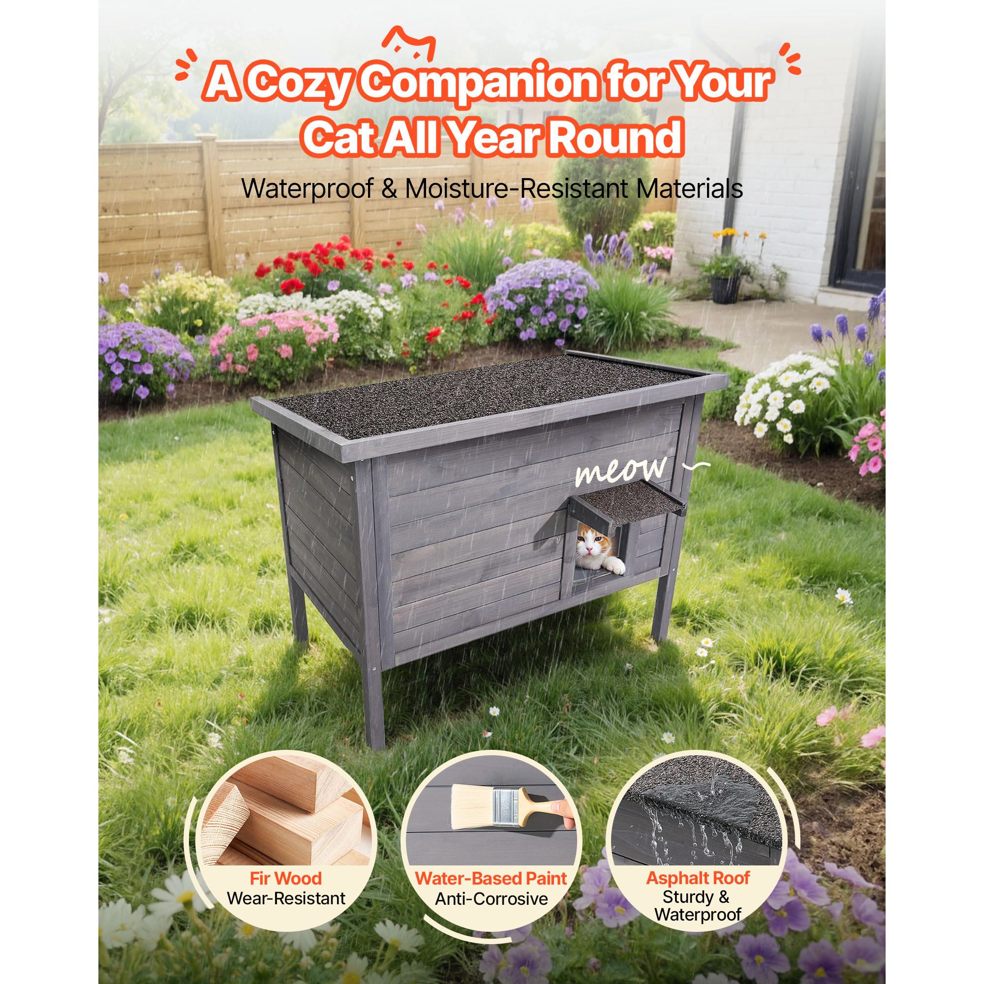 HONGGE Outdoor Wooden Cat House Shelter for Feral Cats Winter with Waterproof Roof
