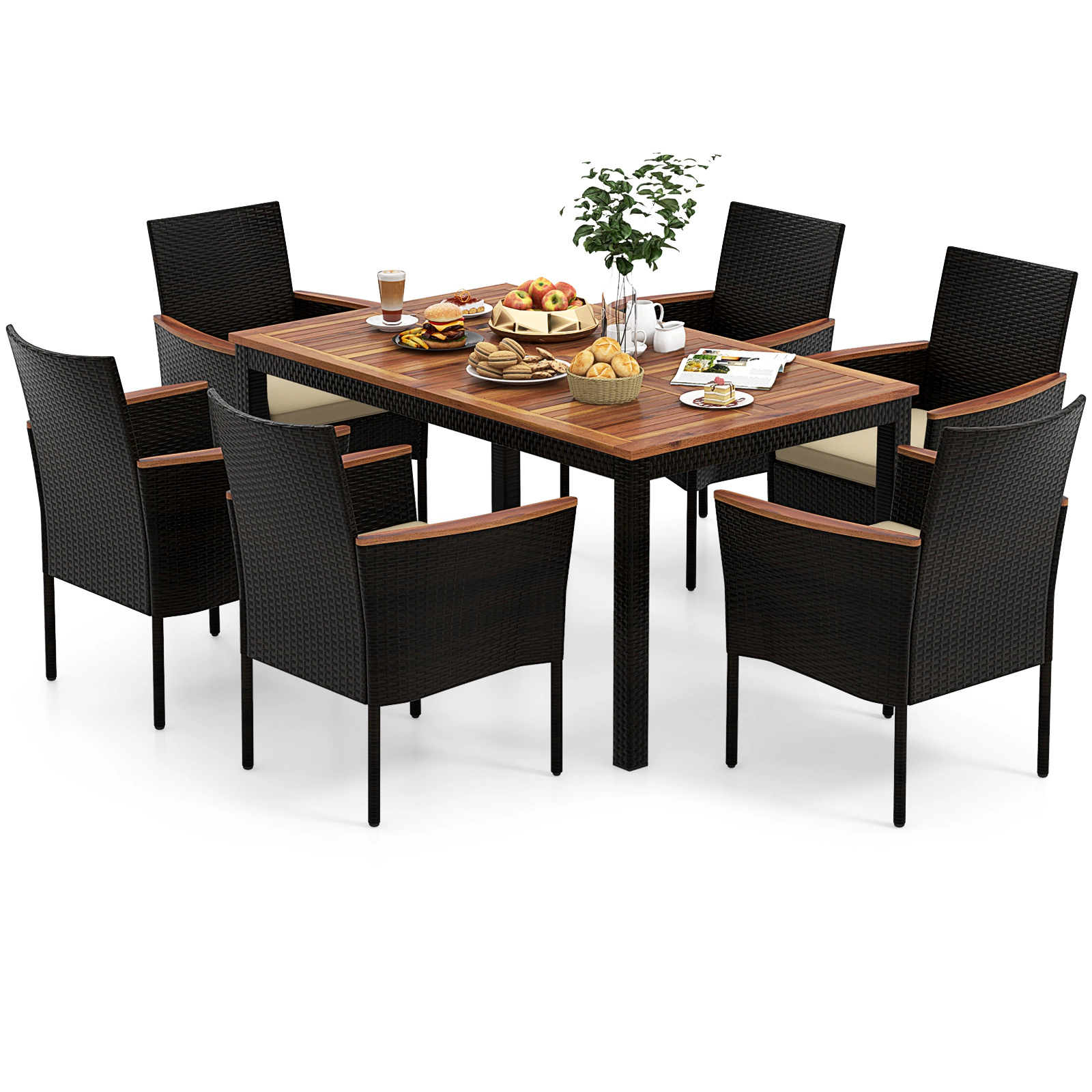 LJG 7 Pieces Rattan Patio Dining Set with Stackable Chairs and Umbrella Hole