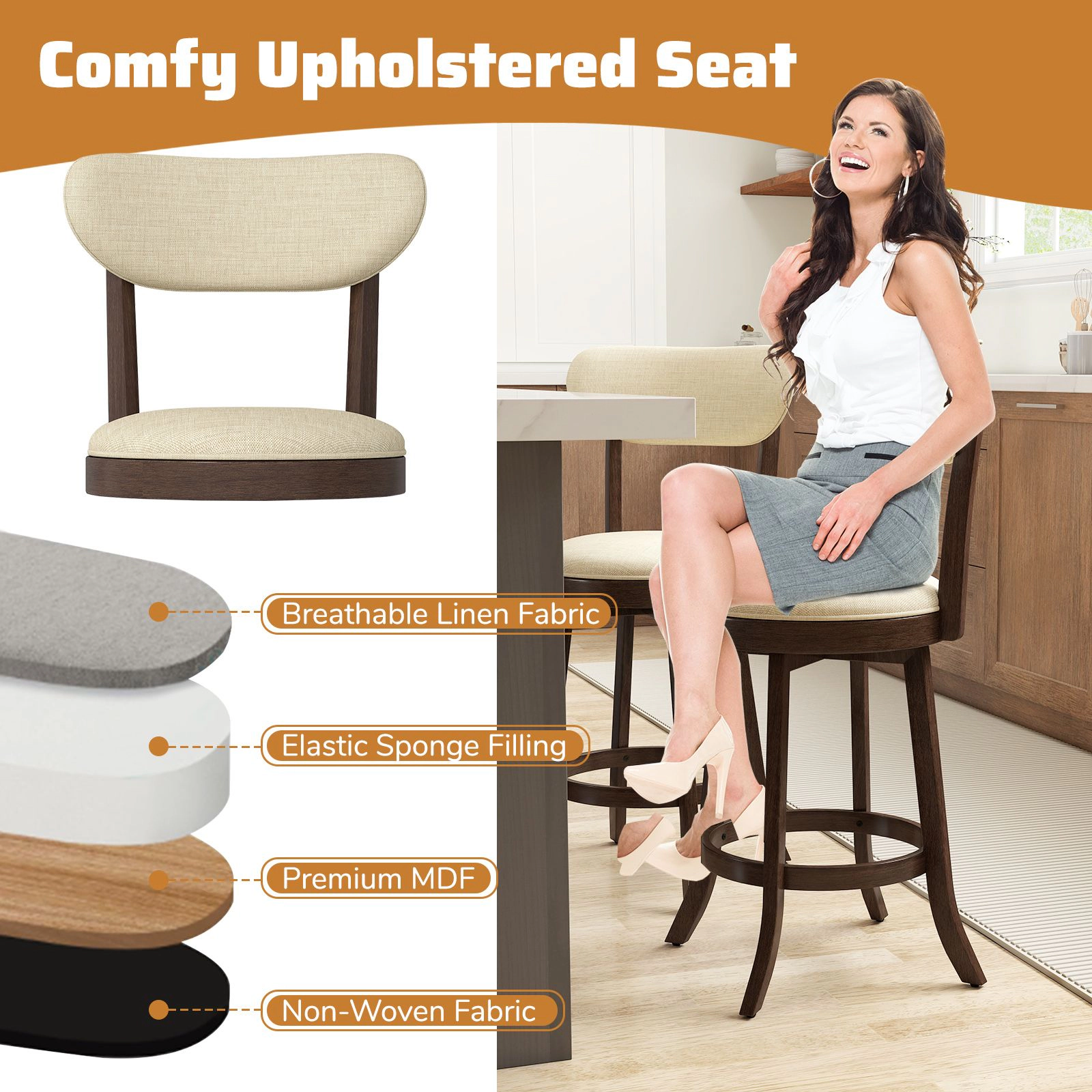 SlickBlue Set of 2 Swivel Counter Height Bar Stools with Linen Upholstered Seat Set