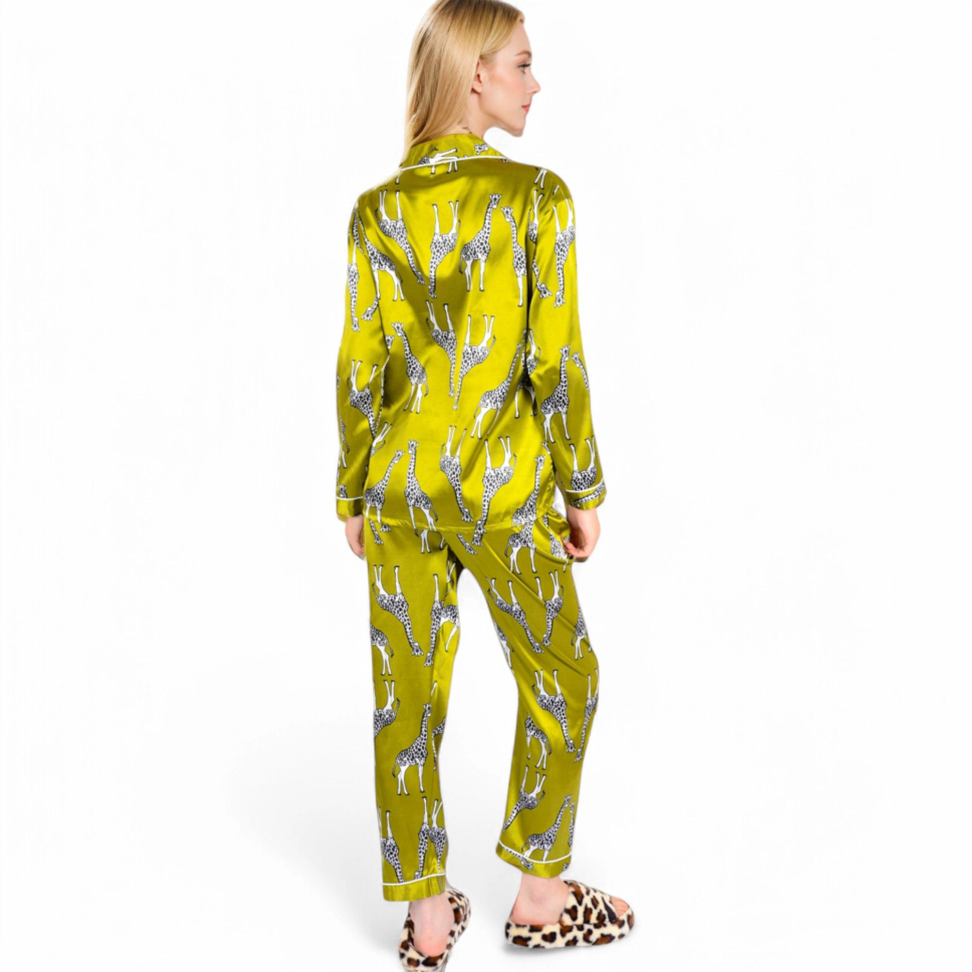 Anna-Kaci Women's Satin Pajama Set with Giraffe Print and Button Down Top