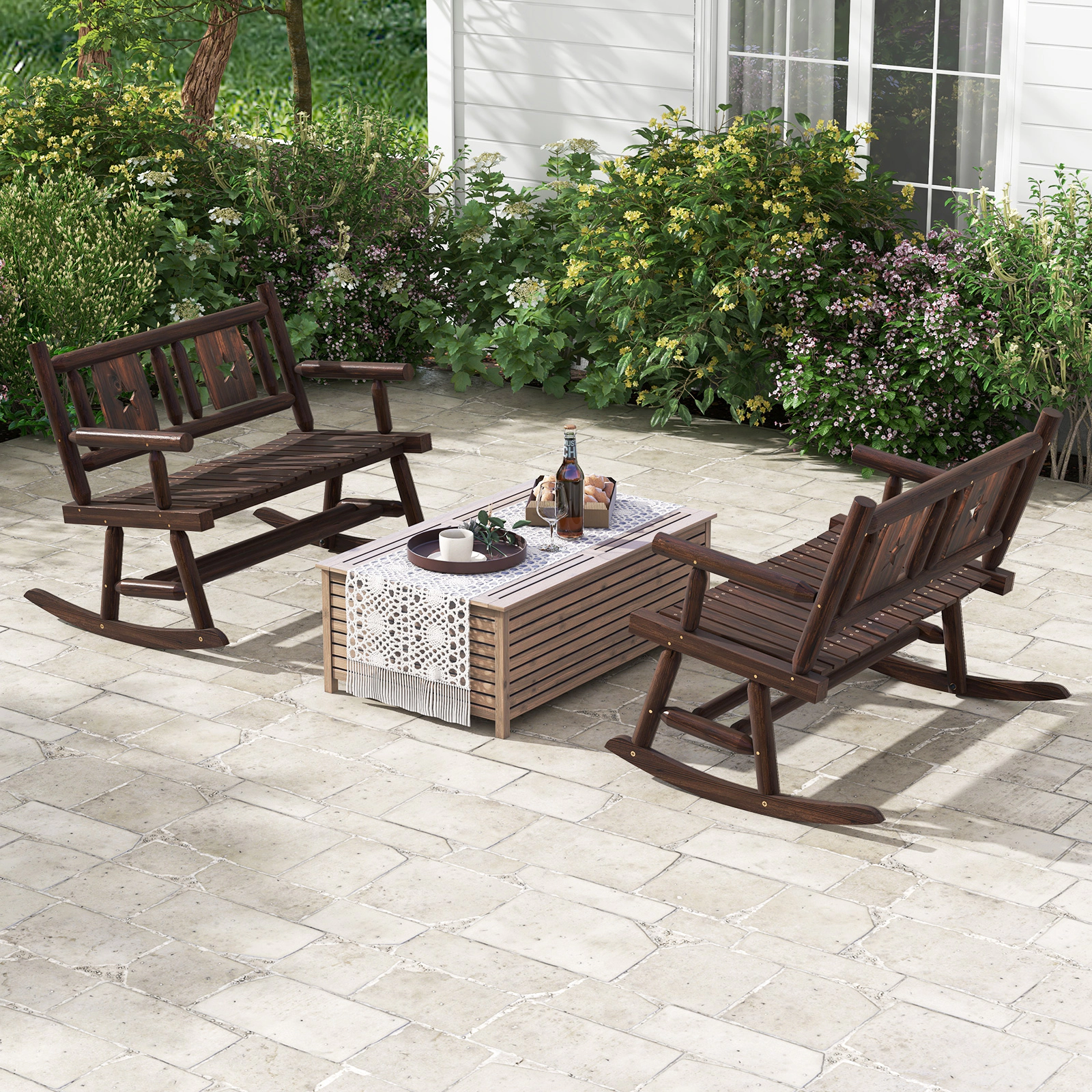 SUGIFT Outdoor Carbonized Wood Patio Rocking Bench Double Rocker Loveseat 710-lb Capacity Rustic Brown