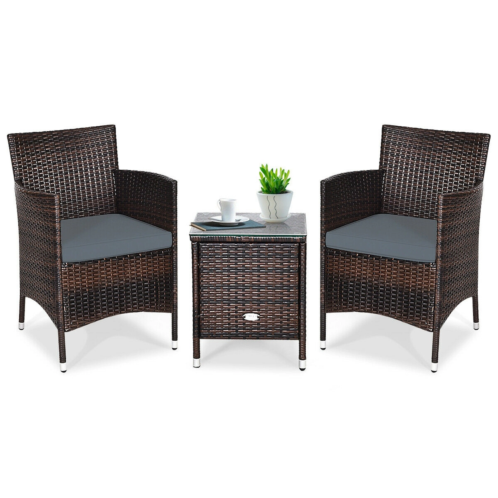 SUGIFT 3-Piece Gray Outdoor Rattan Wicker Set with Cradle-Seat Chairs and Glass Table
