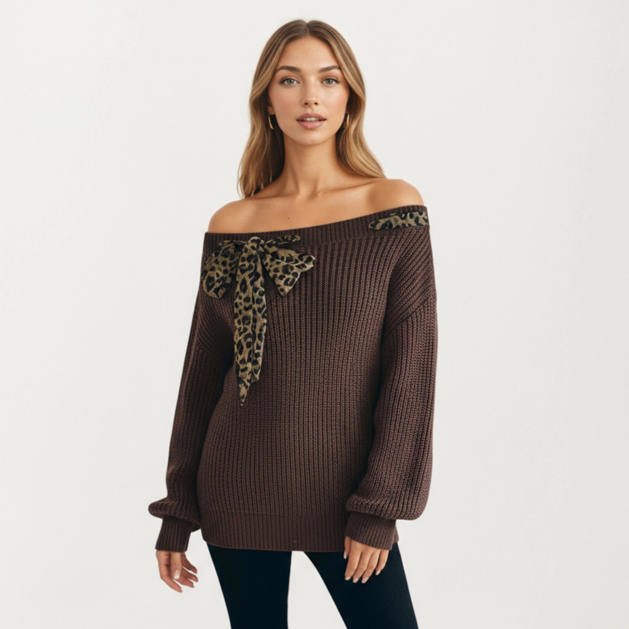Anna-Kaci Women's Off-Shoulder Knit Sweater with Leopard Print Bow Detail