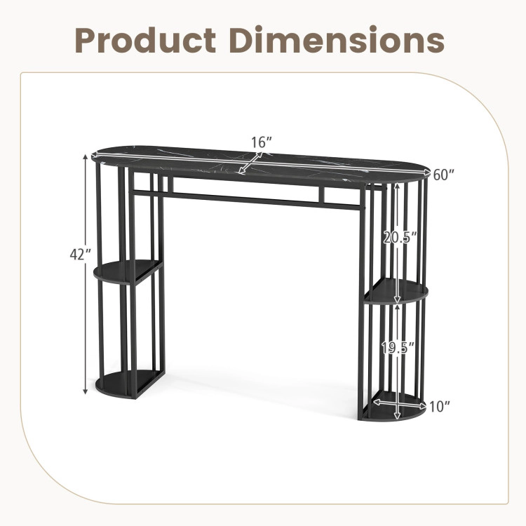 Hivvago 60 Inch Long Bar Table Narrow With Faux Marble Tabletop And Storage Shelves