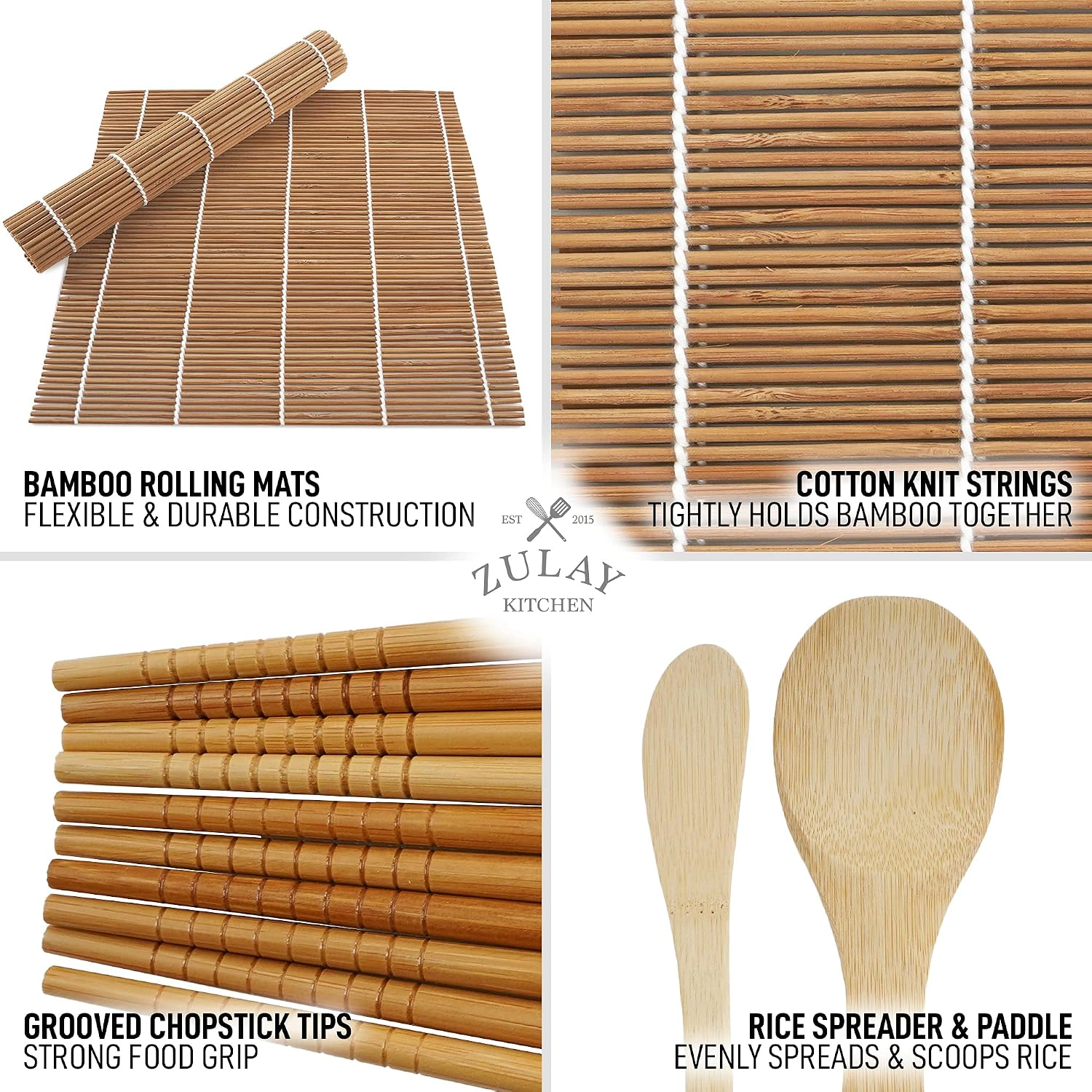 Zulay Kitchen Sushi Making Kit For Beginners - Includes 2 Bamboo Sushi Mat, 5 Pairs Chopsticks, 1 Paddle, 1 Spreader