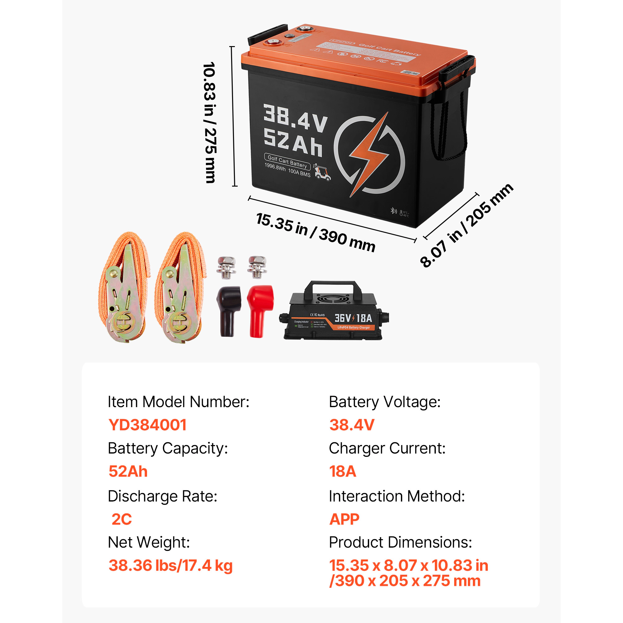 HONGGE Lithium Golf Cart Battery, with Charger, Lifepo4 Battery Kit, Built-in BMS, Bluetooth, 2C Discharge, 4000 Cycles