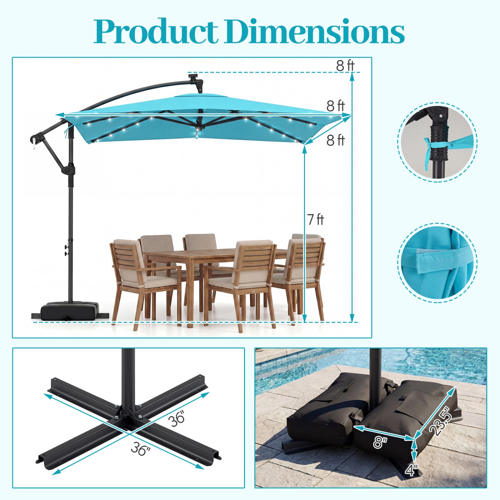SUGIFT Solar-Powered LED Offset Cantilever Patio Umbrella 360° Rotation 8 x 8 in Canopy 116-lb Sandbag Base Turquoise