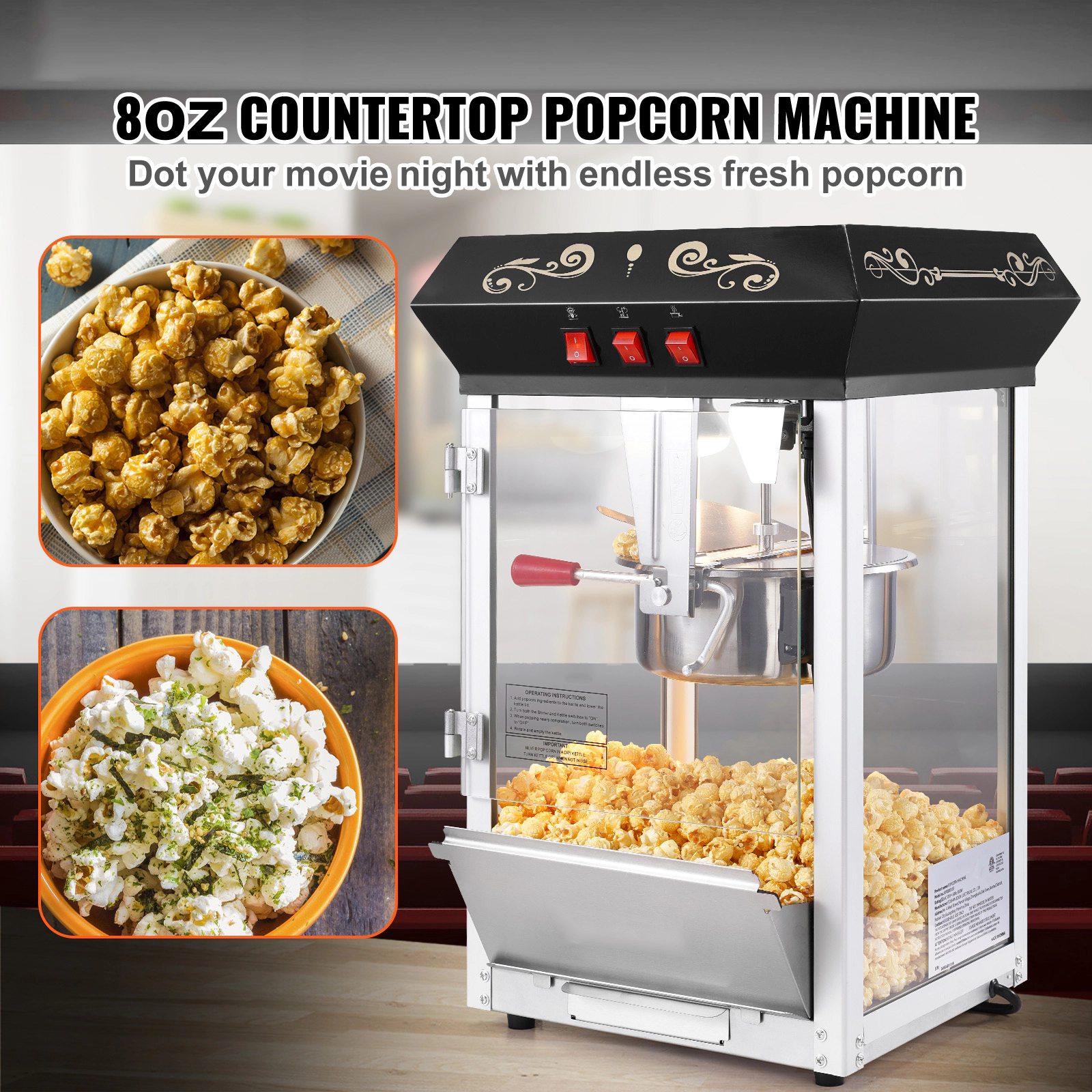 HONGGE Popcorn Maker, Popper Machine, Kettle Makes Cups per Batch, Countertop Maker with Tempered Glass