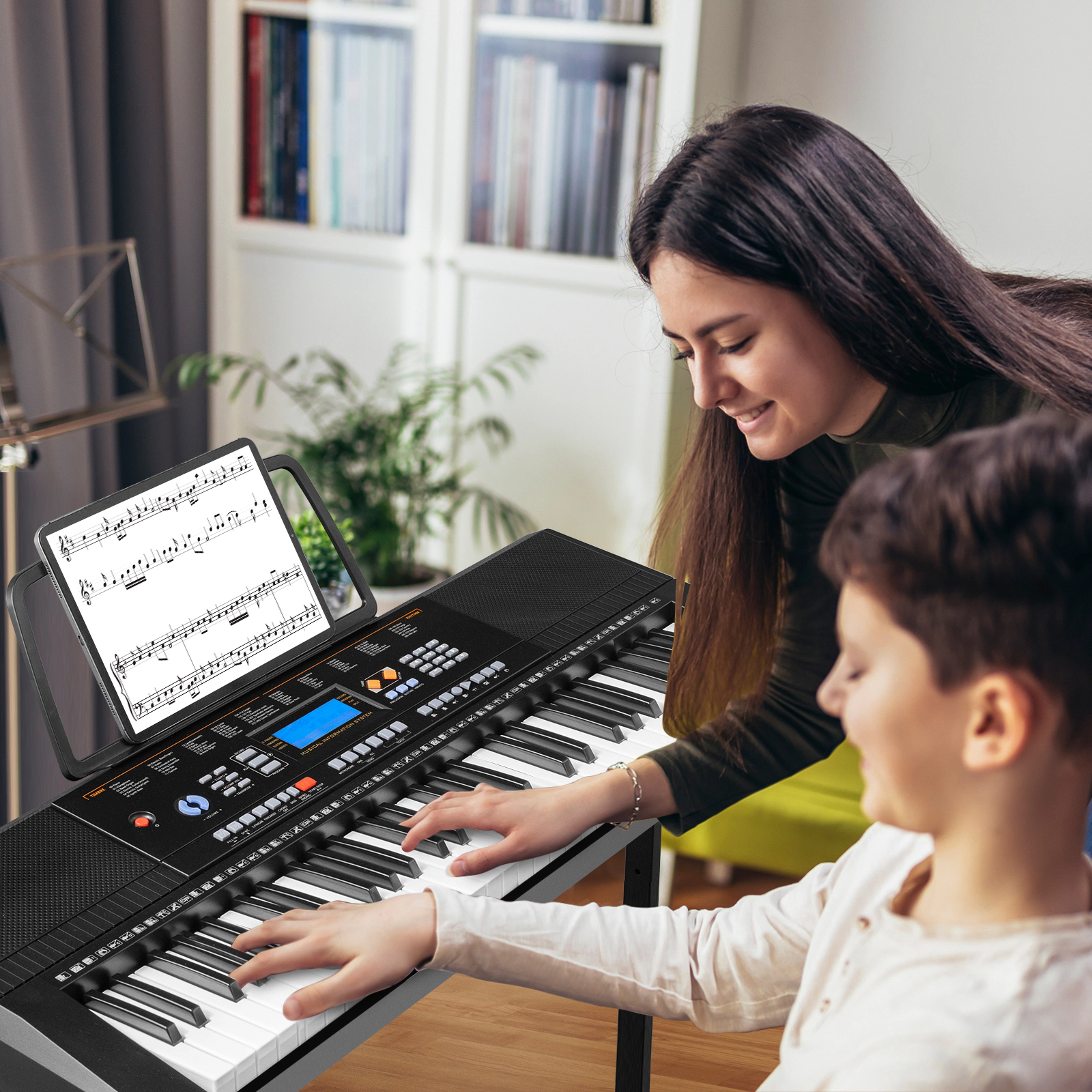 SUGIFT 61-Key Electronic Keyboard Piano Starter Set with Stand Bench and Headphones Black White