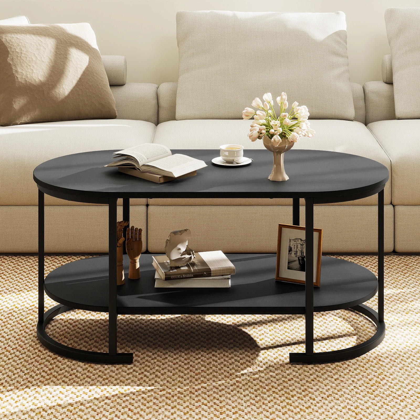 Glintex 2-Tier 39.5-Inch Oval Coffee Table with Metal Frame and Shelf