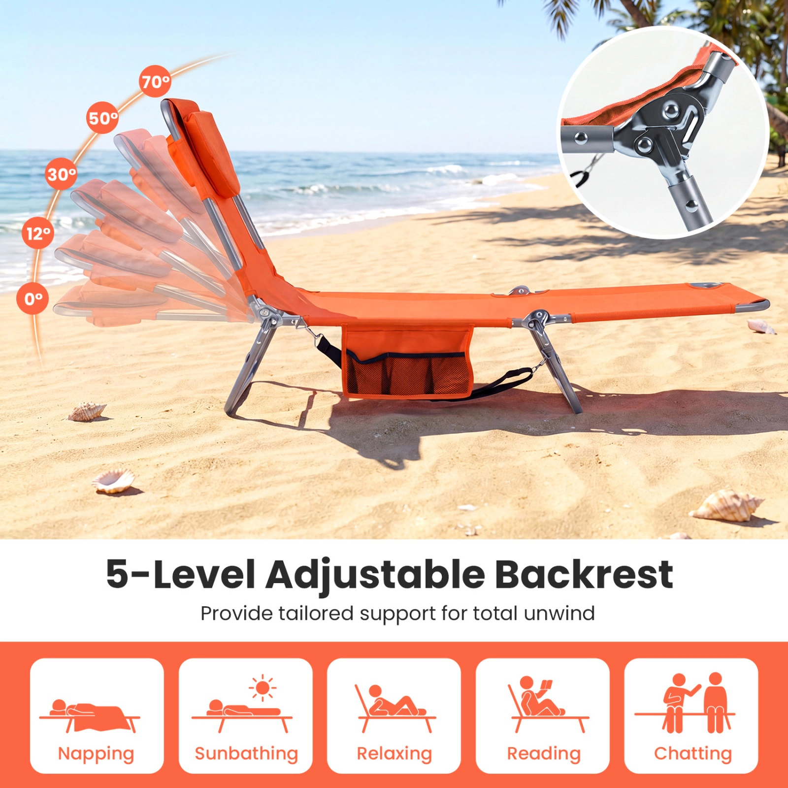 SUGIFT Folding Beach Lounge Chair with Adjustable 5-Position Backrest 330-Lb Capacity 72.5-in Lounge Length Orange