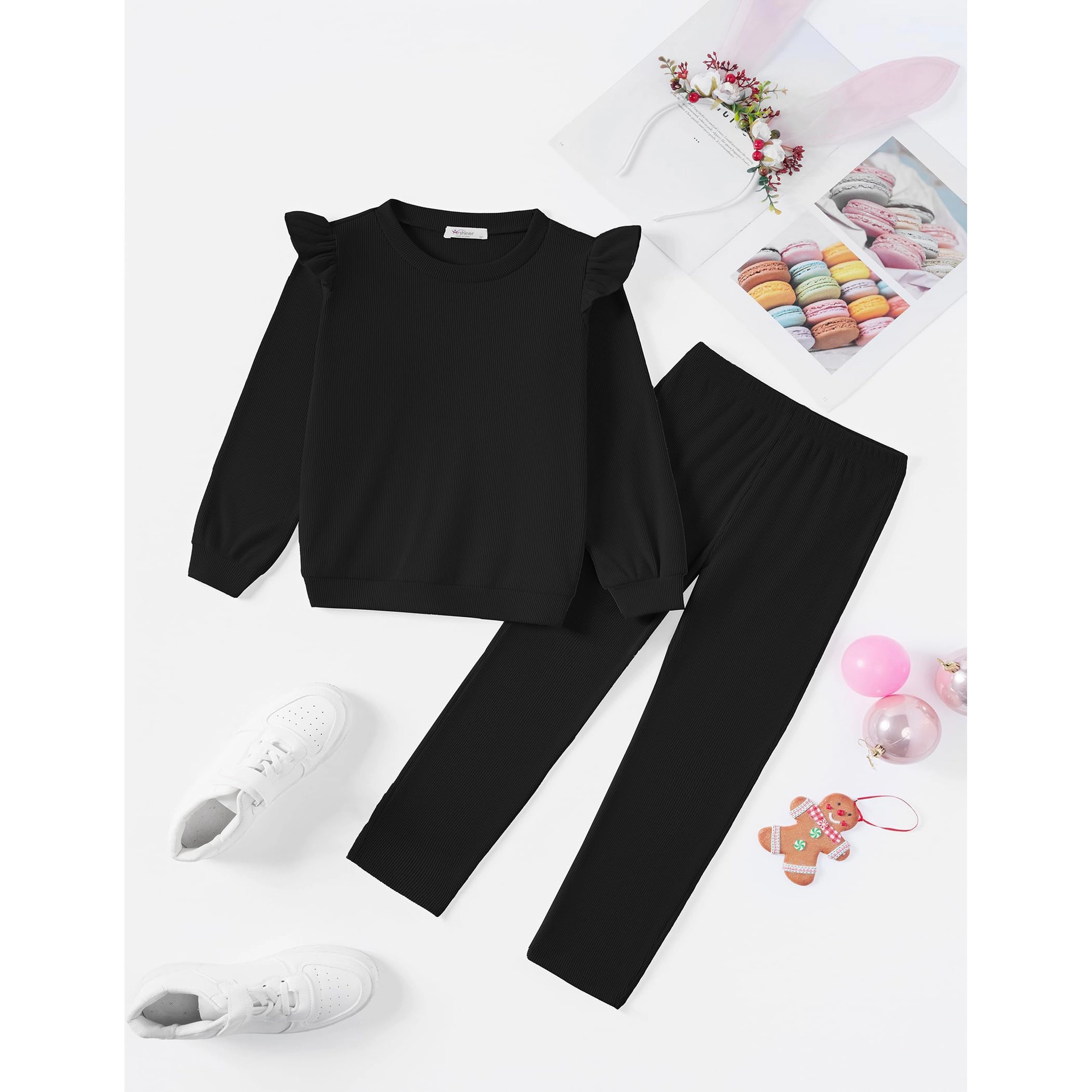 Arshiner Girls Piece Outfits Jogger Sweatsuits Roundneck Long Sleeve Ruffle Sweatshirts