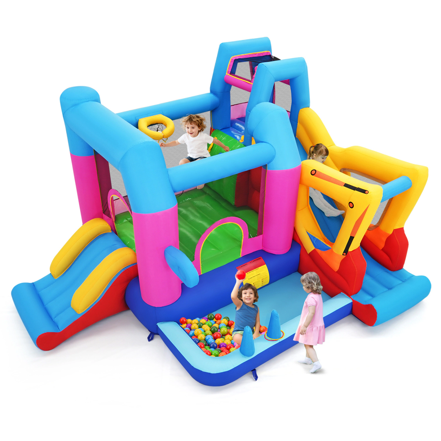 LJG Inflatable Bounce House 8-in-1 Excavator Themed Kids Bouncer with 750W Blower