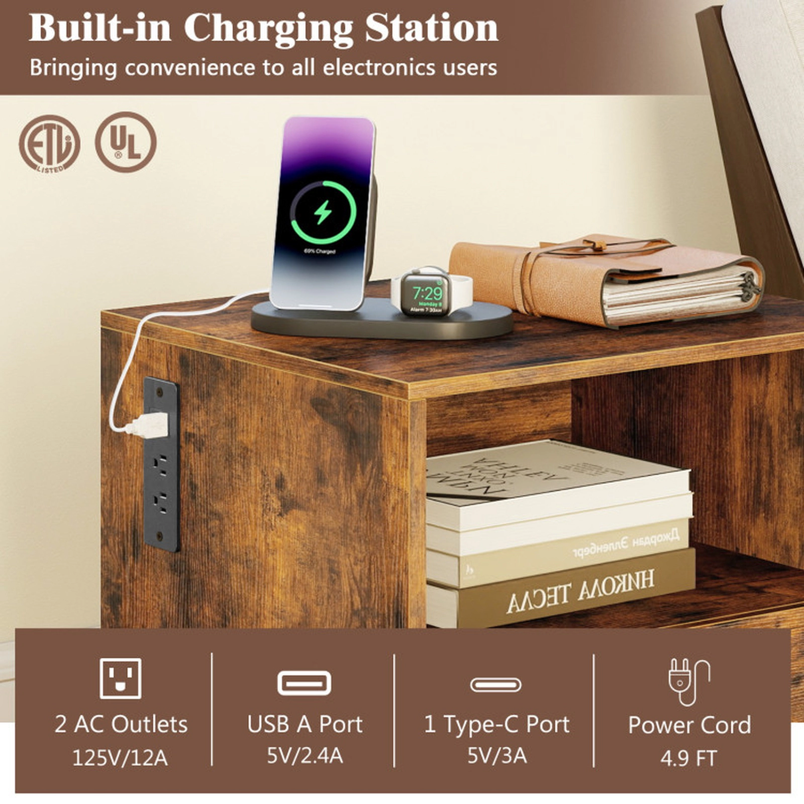 SUGIFT 21-In Rustic Brown Nightstand with Side-Mounted Power Strip, Drawer and Shelf