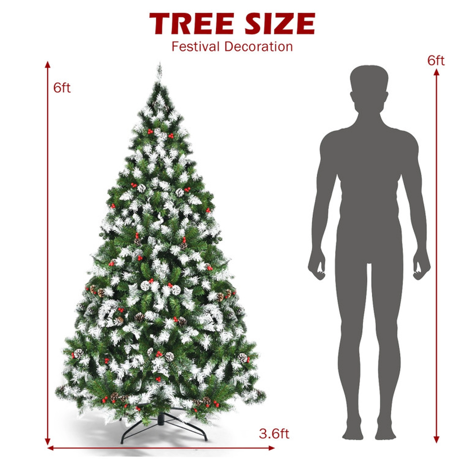 SUGIFT Snow Pre-lit Christmas Tree with Red Berries and Warm White LED Lights 6-ft PVC Metal Hinged Sections Green