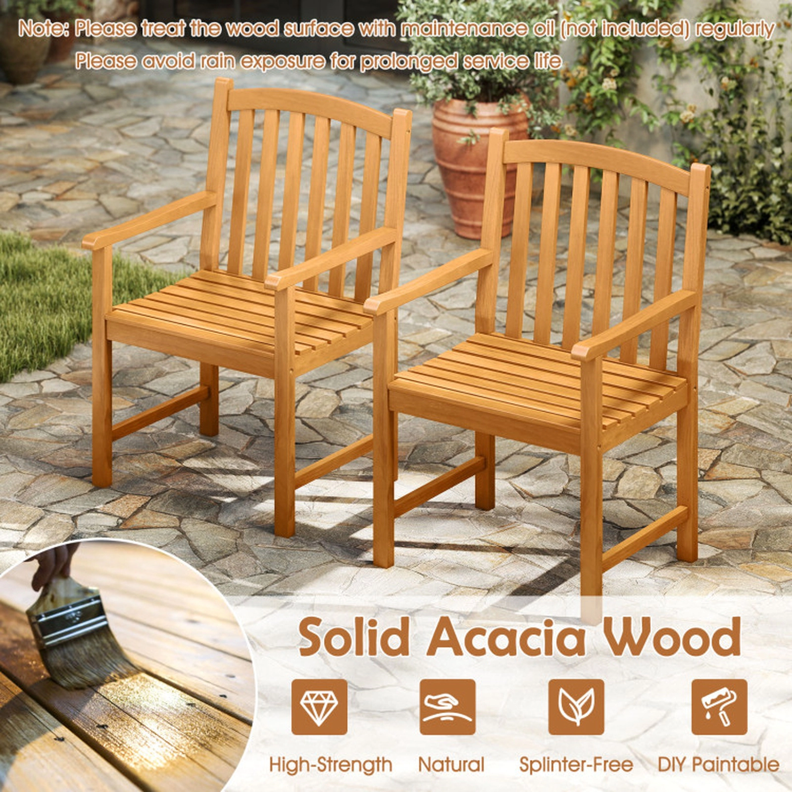 SUGIFT Solid Acacia Wood Dining Chairs Set of 2 with Slatted Seat and Inclined Backrest 400-lb Capacity Natural