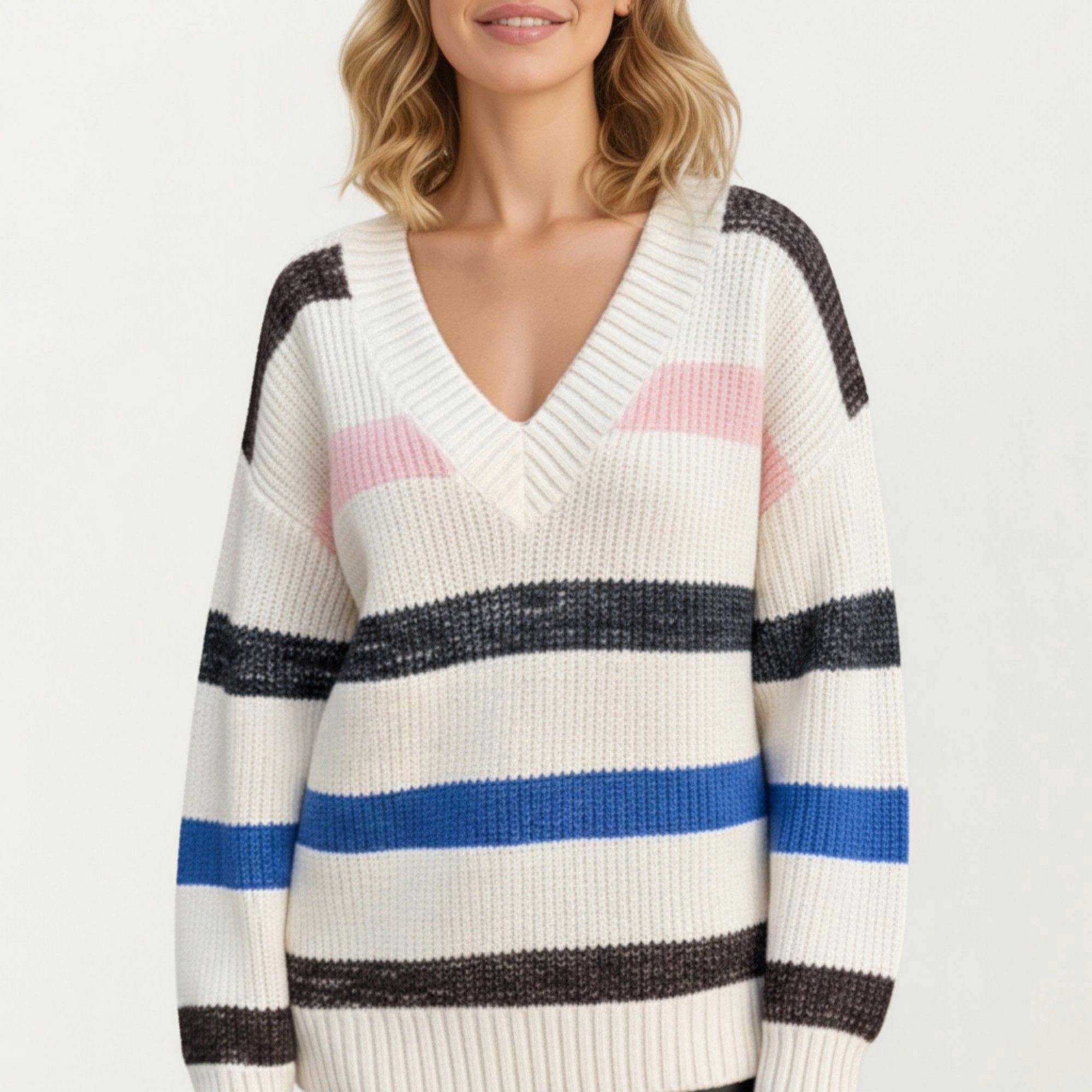Anna-Kaci Women's Striped V-Neck Rib Knit Pullover Sweater
