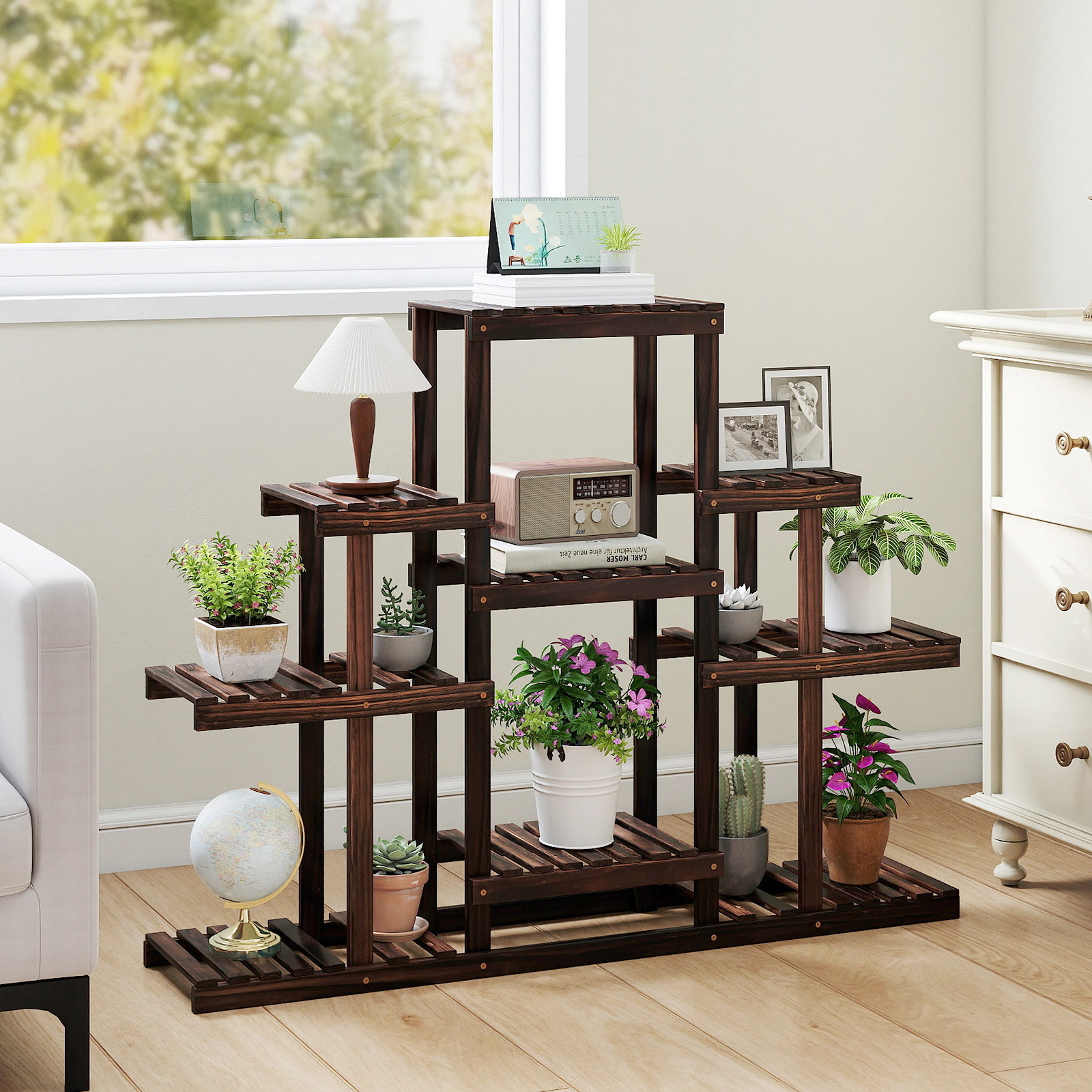 Slickblue 6-Tier Wooden Plant Stand with 9 Shelves for Indoor Outdoor Use