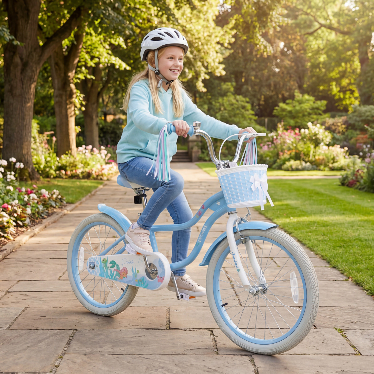 LJG 12 - Kids Bike Adjustable with Basket and Streamers Blue Princess of the Sea Theme