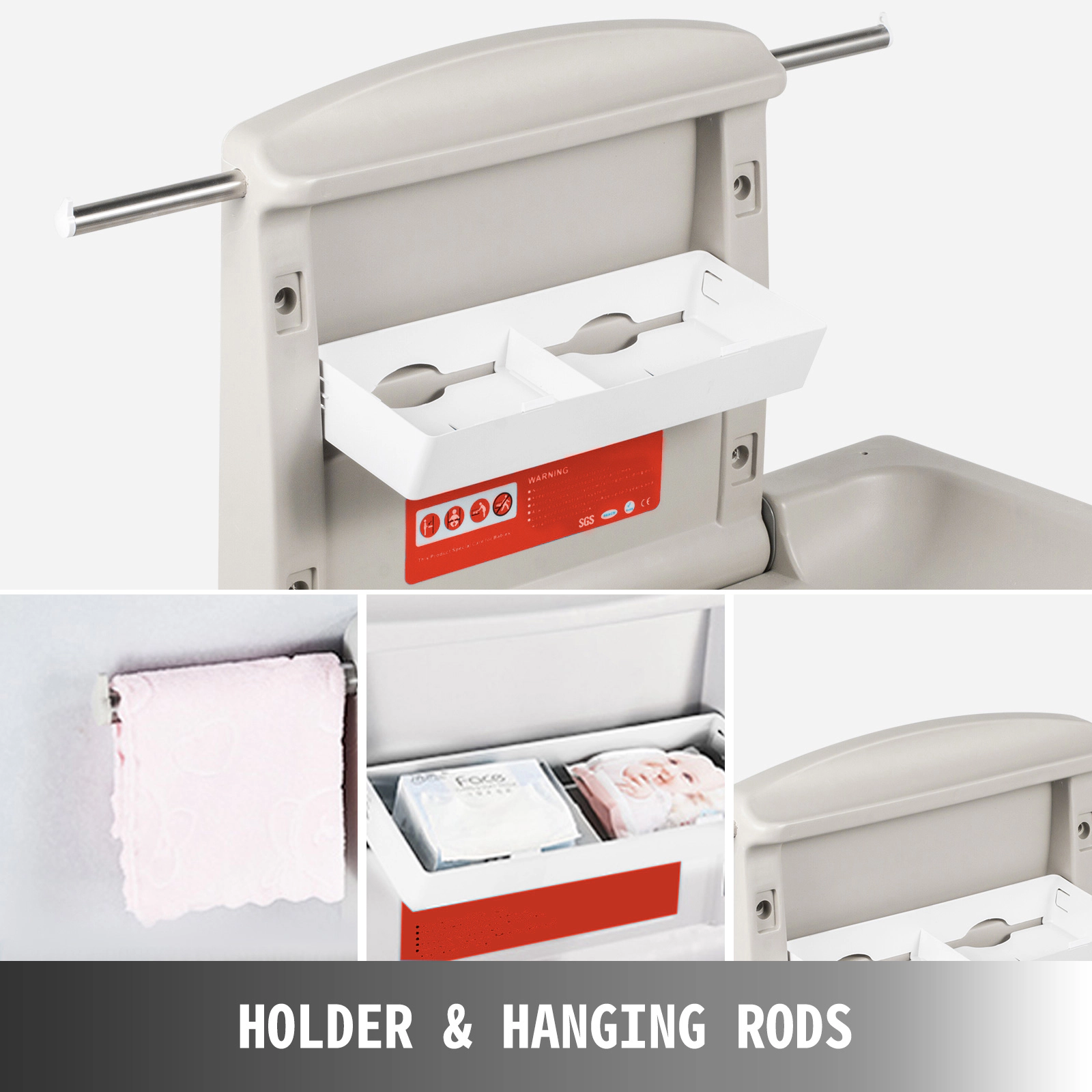 HONGGE Wall-Mounted Baby Changing Station with Safety Strap & Hanging Rods, Foldable HDPE Design, Gray