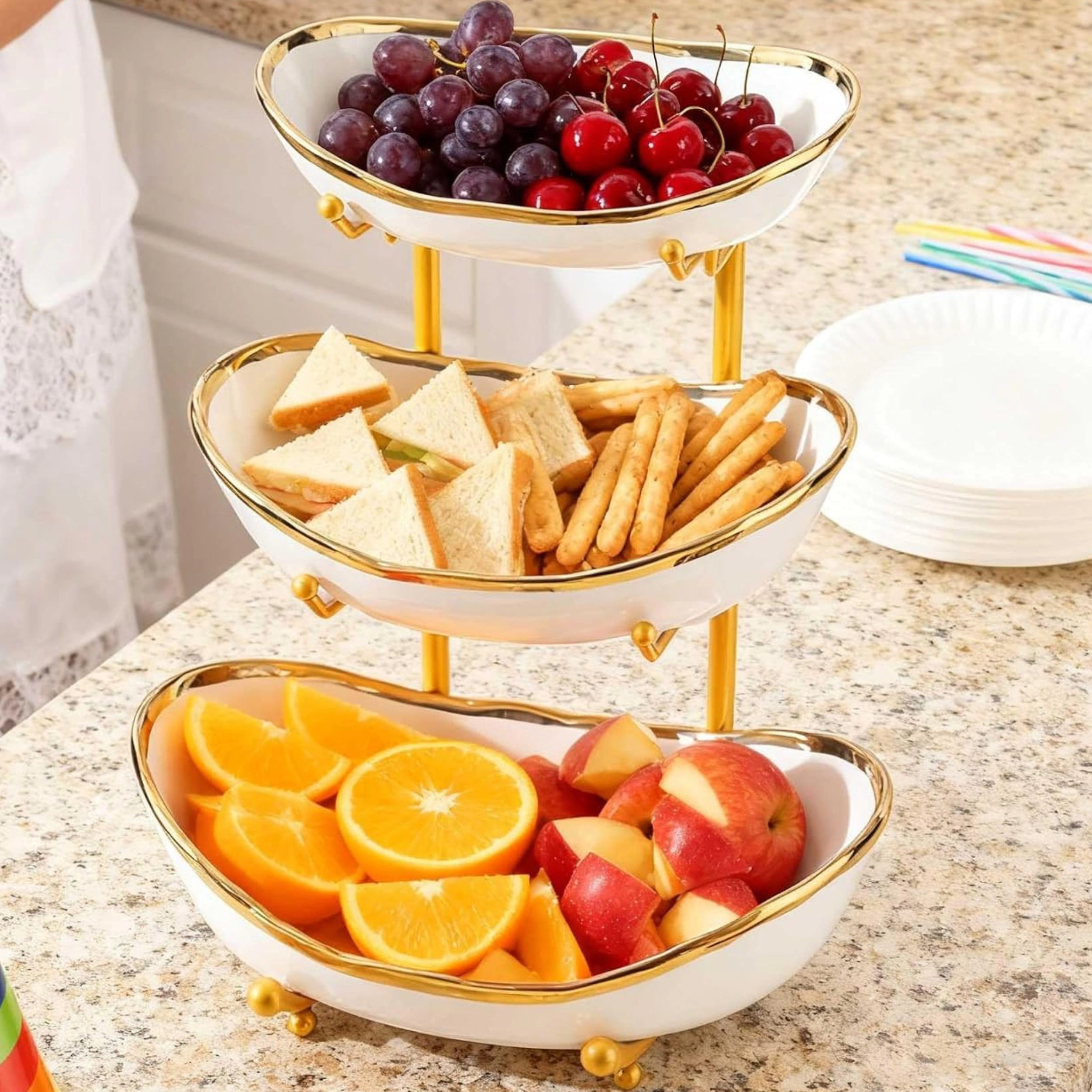 Stock Preferred 3 Tier Ceramic Fruit Bowl Stand with Metal Frame for Kitchen Counter