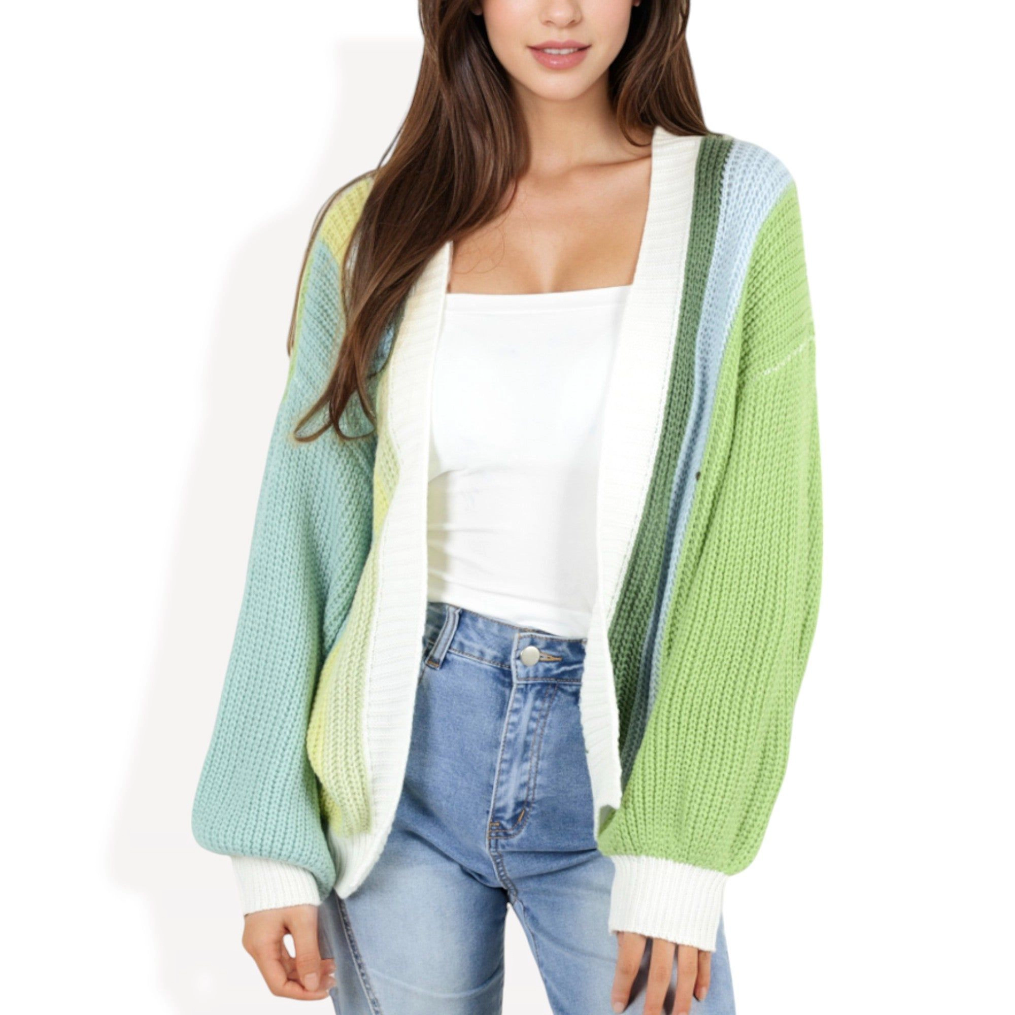 Anna-Kaci Women's Long Sleeve Open Front Color Block Knit Cardigan with Ribbed Cuffs and Hem