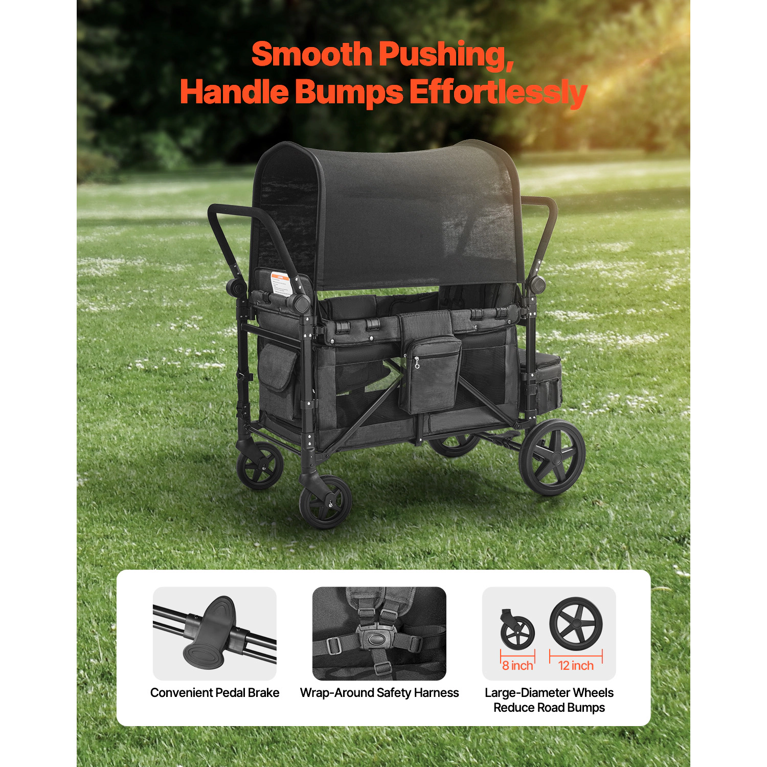 HONGGE 4-Seater Wagon Stroller for Kids, Foldable with 330 lb Capacity, Adjustable Handle, Dark Gray & Black