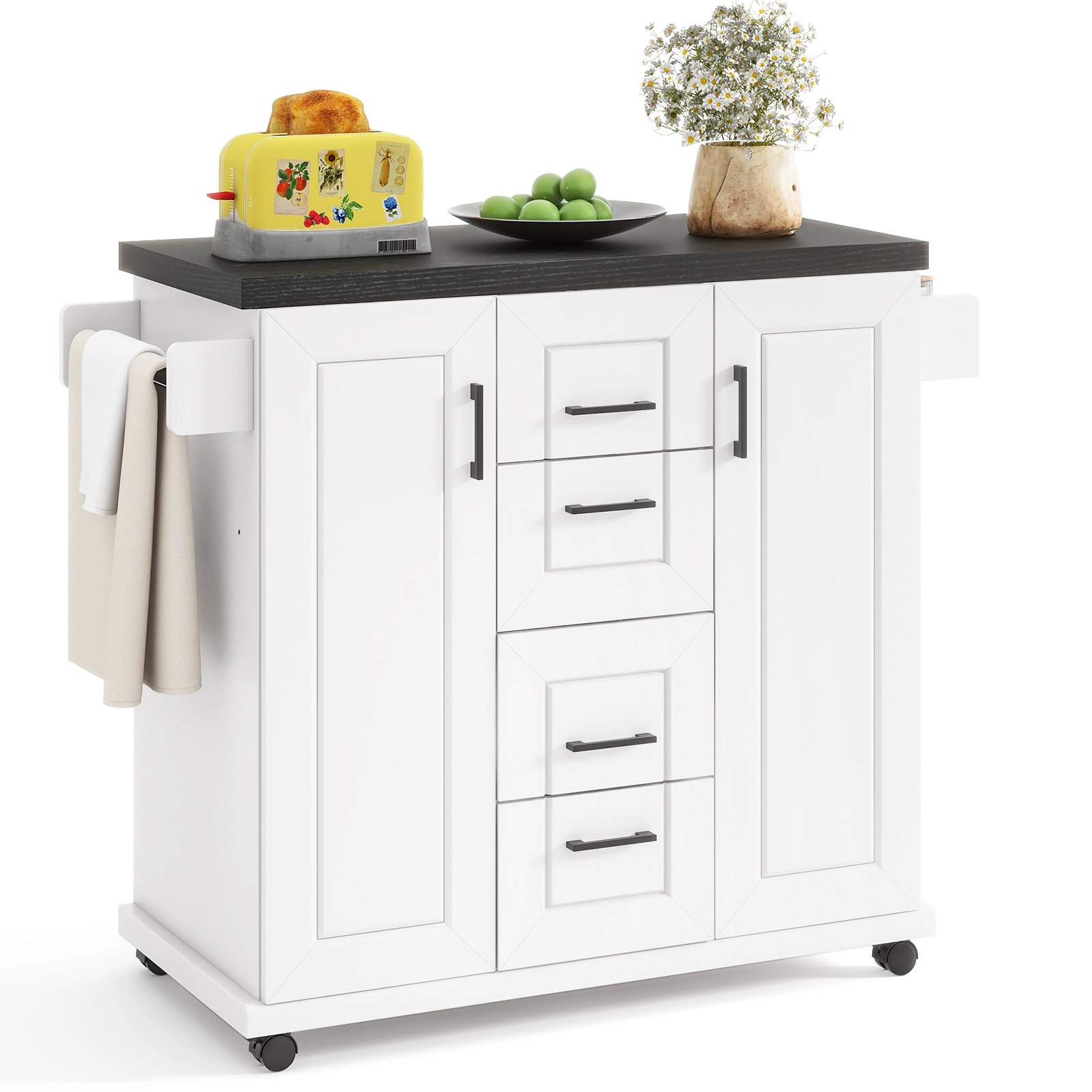 SUGIFT White Rolling Kitchen Island with 4 Drawers 2 Cabinets and Spice Rack 42.5-in W 18-in D 35.5-in H