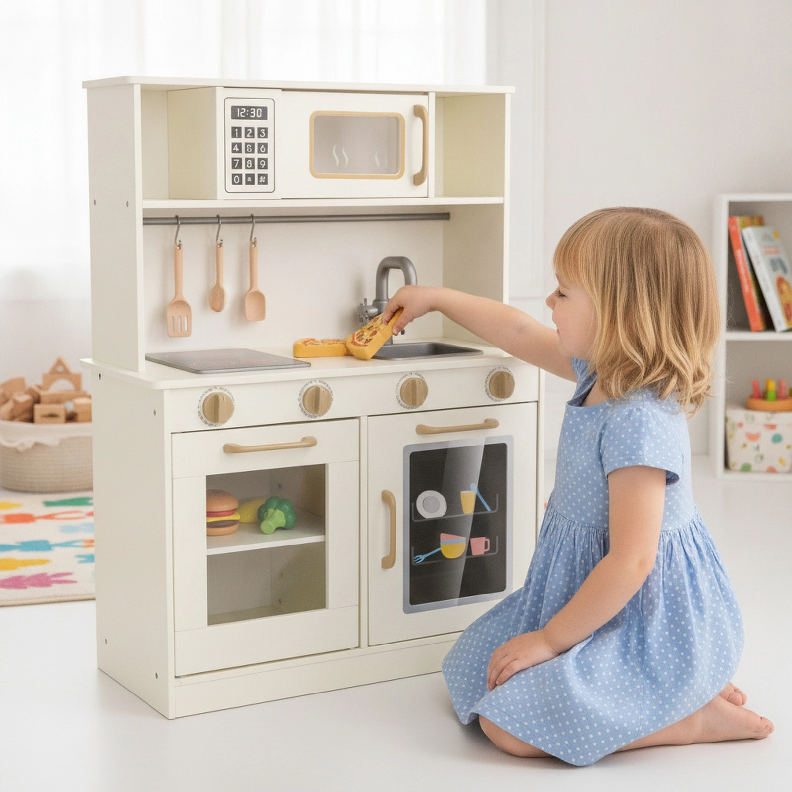 Corner Kids Play Kitchen Water Circulation 2 Lighted Stoves Dishwasher Ice Dispenser 53-in x 28-in x 35.5-in Beige