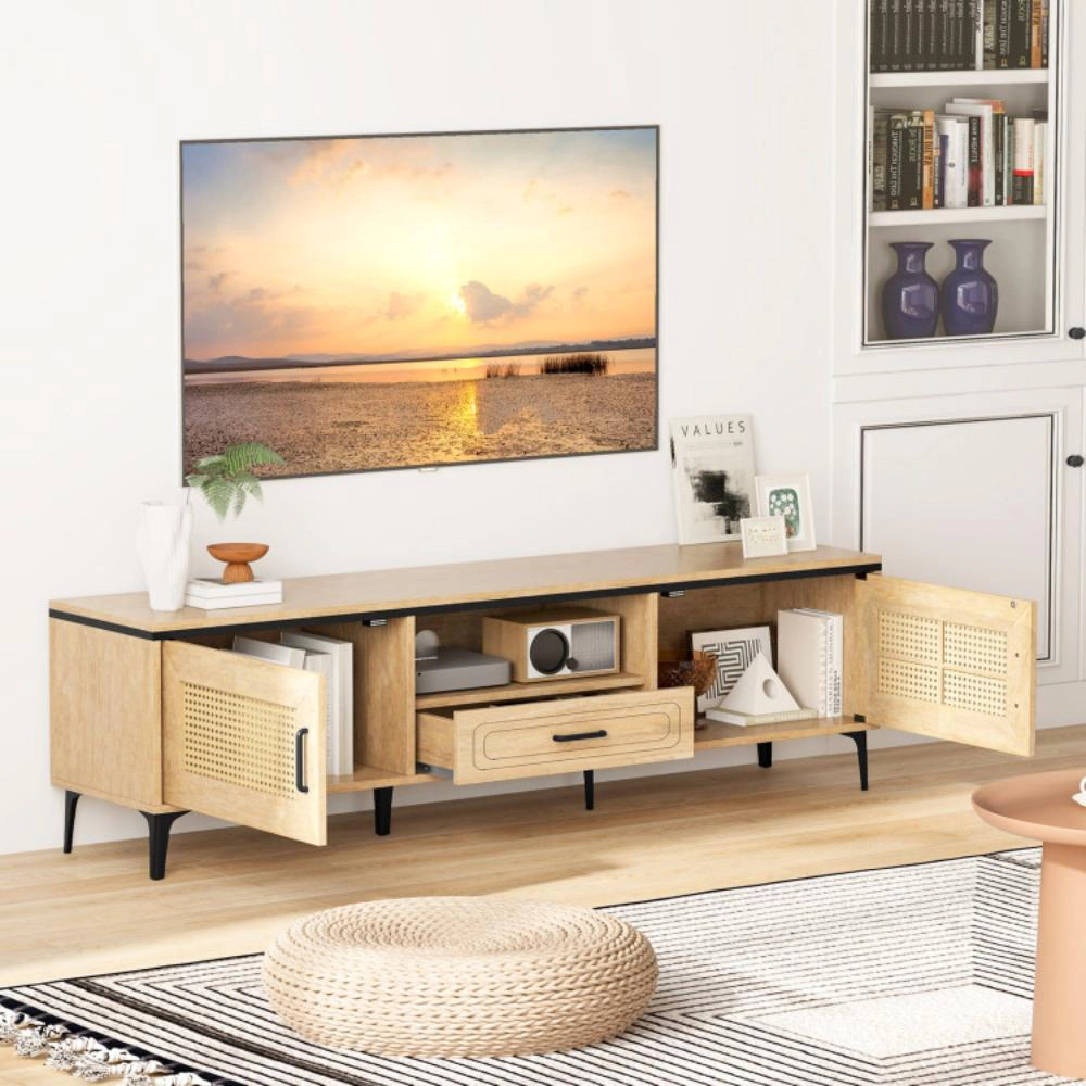 Hivvago Mid Century Modern Entertainment Center With 2 Cabinets And Storage Drawer-Oak