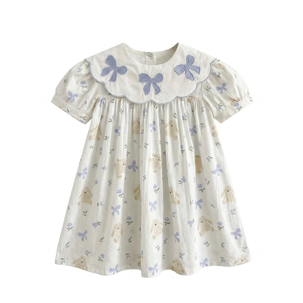 MyKids-USA Toddler Girls Summer Dress - Blue Floral Teddy Print, Embroidered Round Collar, Cap Sleeves