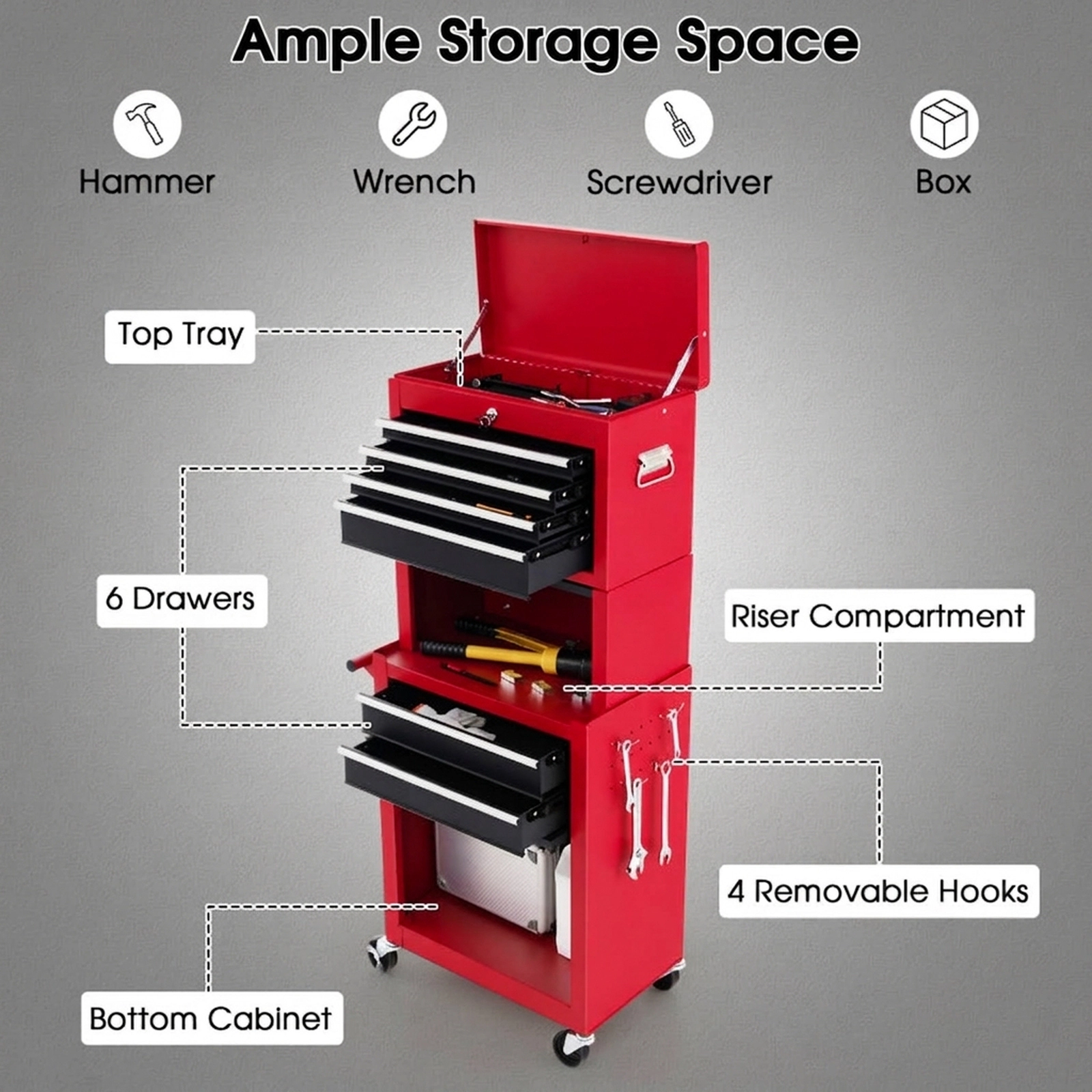 SUGIFT 6-Drawer Tool Chest with Heightening Cabinet 200-lb Capacity Black/Red