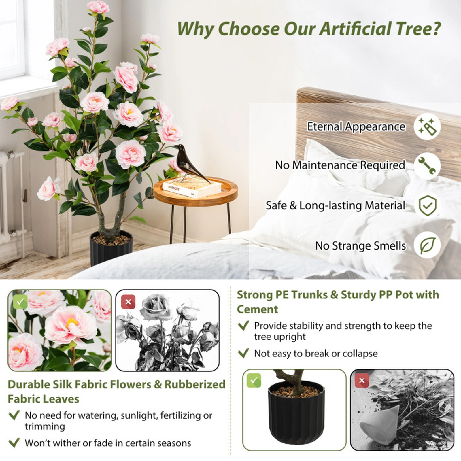 SUGIFT Set of 2 38-in 24 Blossoms 186 Leaves Pebble Topped Artificial Camellia Trees 6-in x 5.5-in Pot 11.5-lb Pink