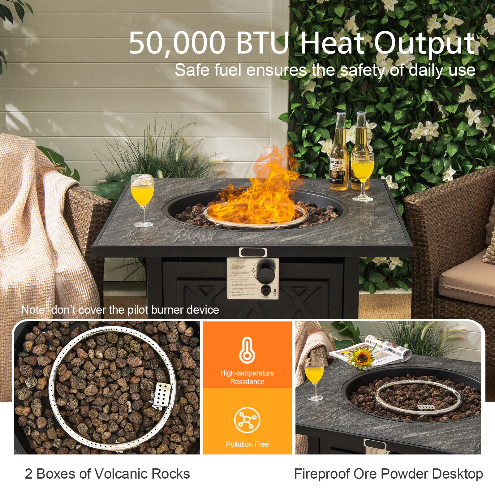 SUGIFT 32-Inch Square Propane Fire Pit Table, 50,000 BTU, Auto Ignition, Ore Powder Top, Cover