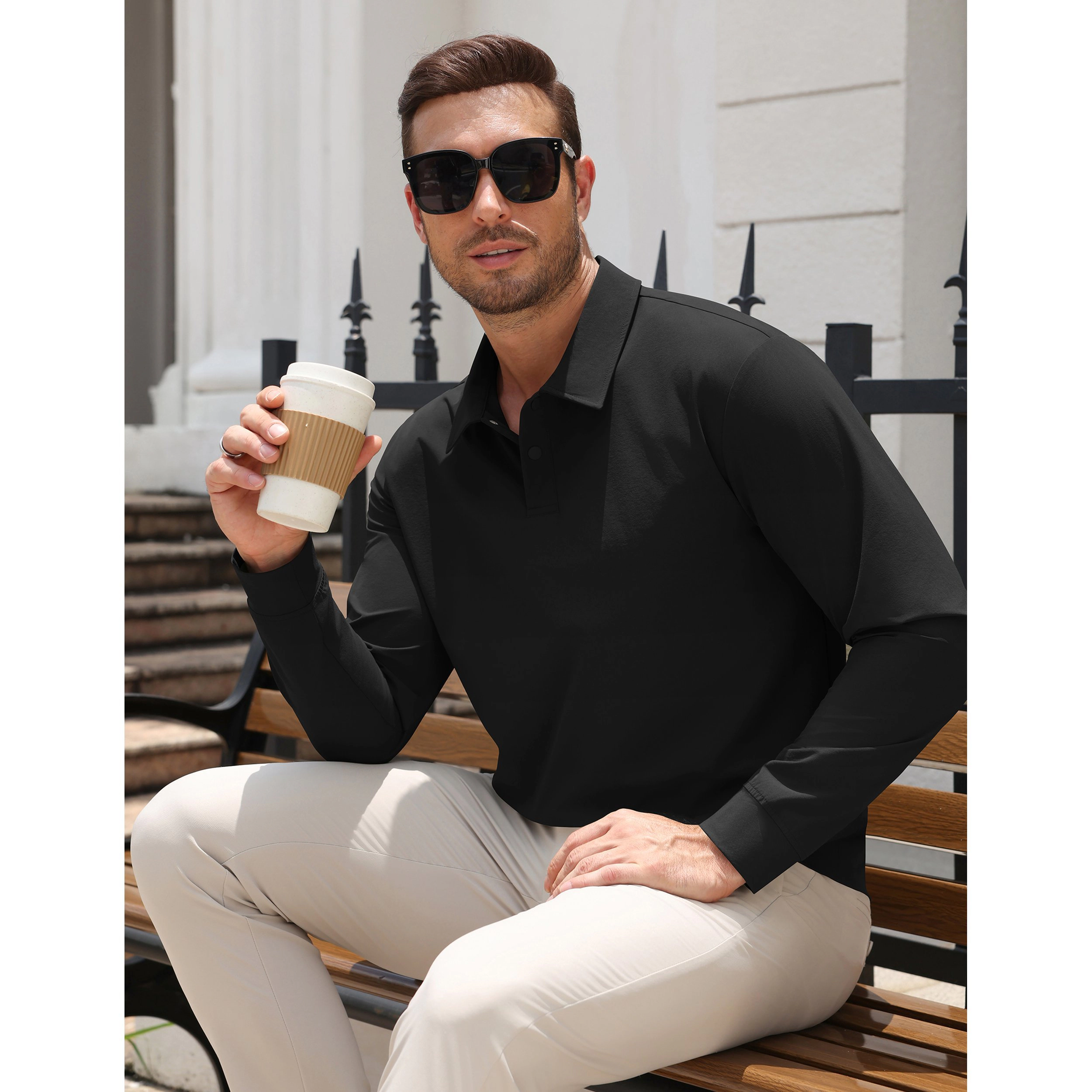 COOFANDY Men's Regular Fit Long Sleeve Collar Neck Polo Shirt