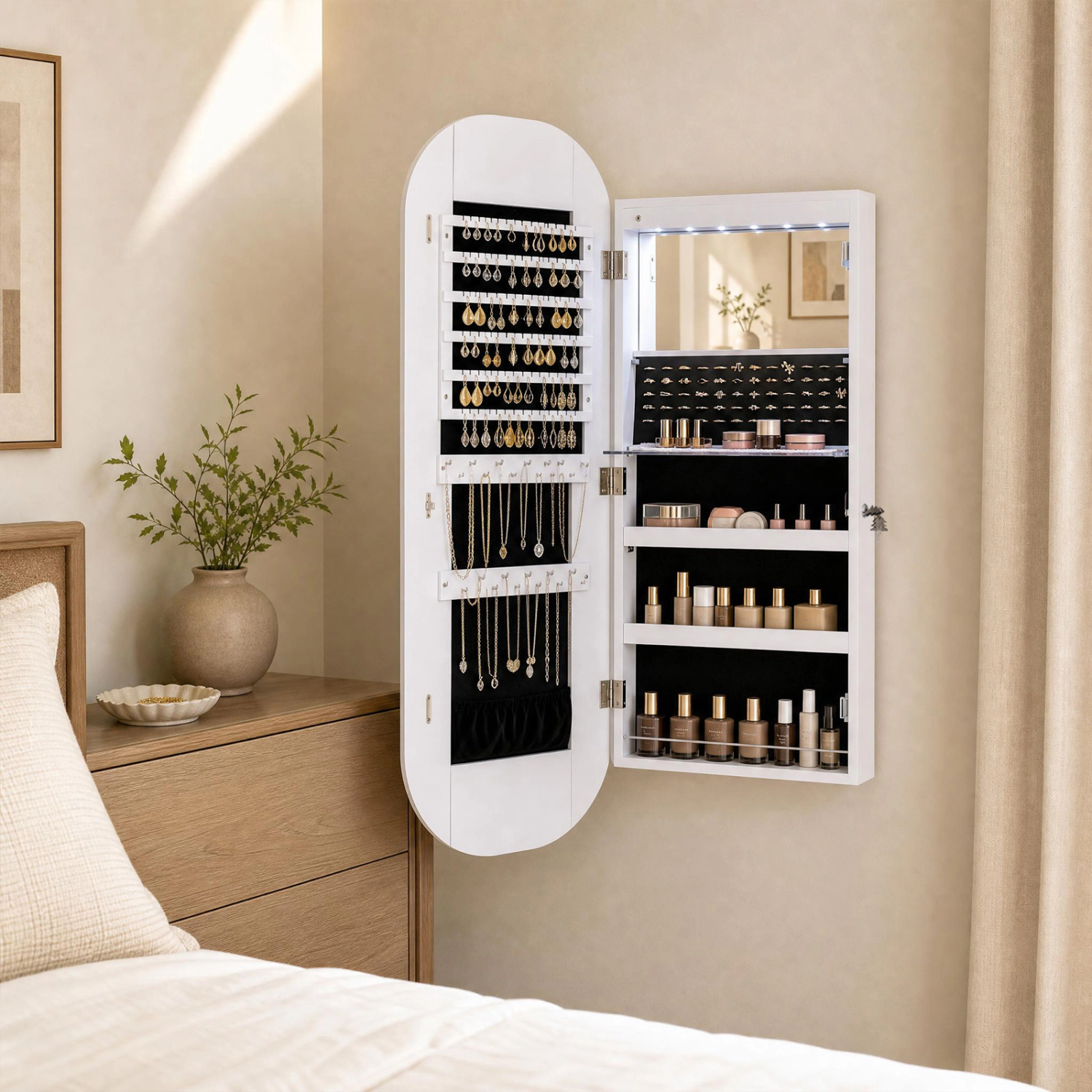 LJG Wall and Door Mounted Mirror Jewelry Cabinet with