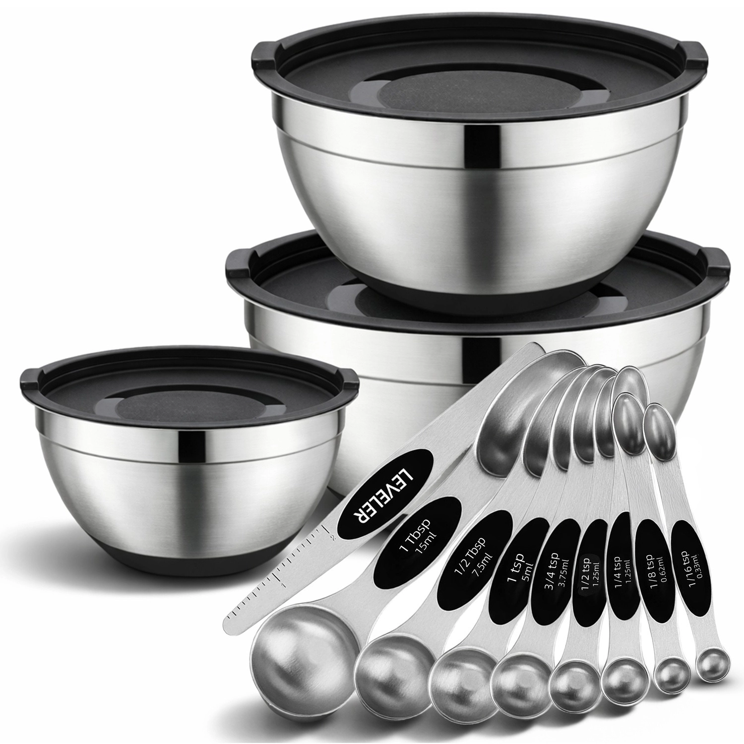 Luminuxe 12 Piece Kitchen Mixing & Measuring Set, Stainless Steel Mixing Bowl with Lids and Nesting Magnetic Spoons