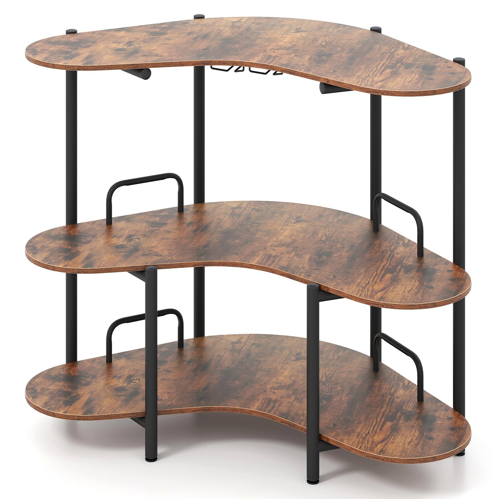 SUGIFT 3-Tier Liquor Bar Table Rustic Brown with Stemware Racks and Storage Shelves