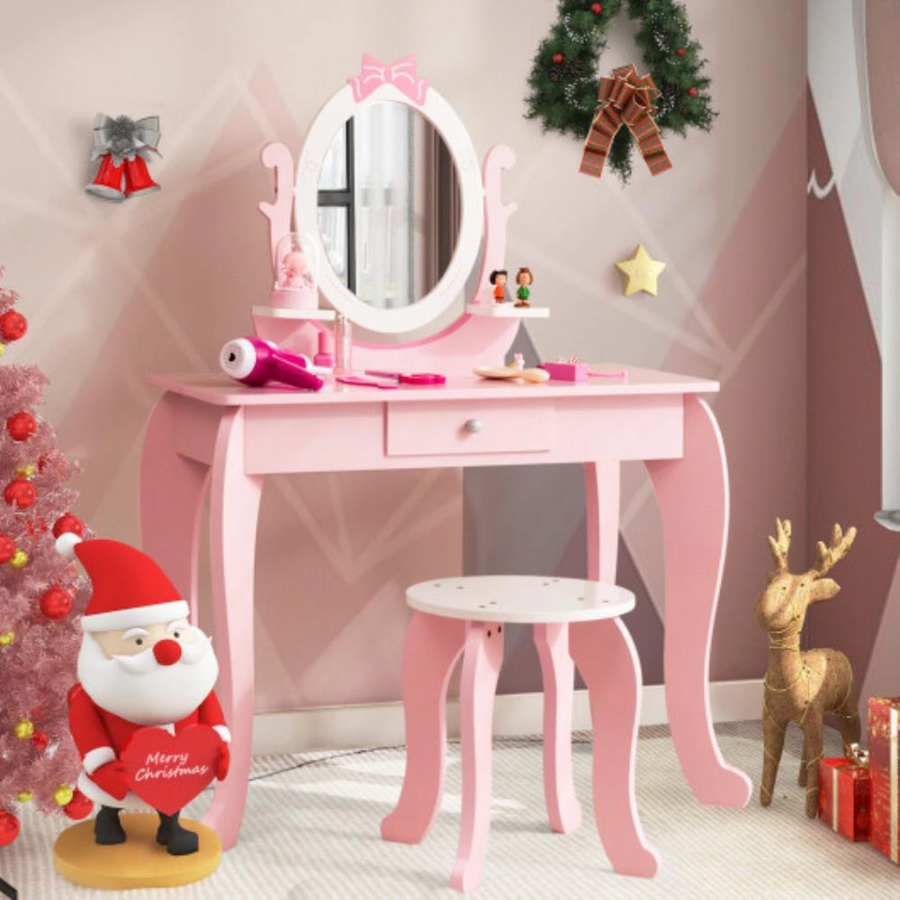 Hivvago Kid Vanity Table Stool Set With Oval Rotatable Mirror-Pink