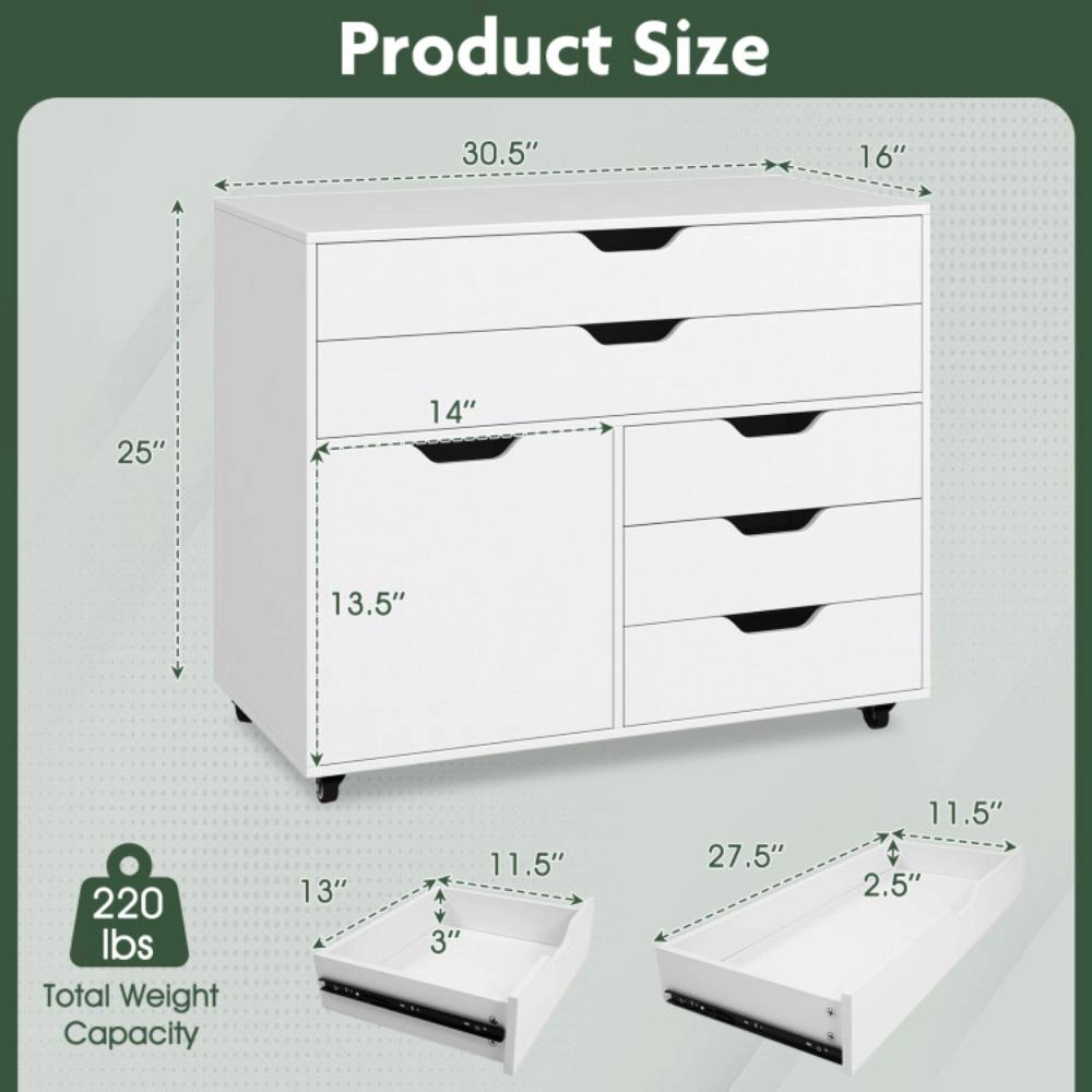 Hivvago Modern Vertical 5-Drawer Mobile Chest with Door 5 Casters