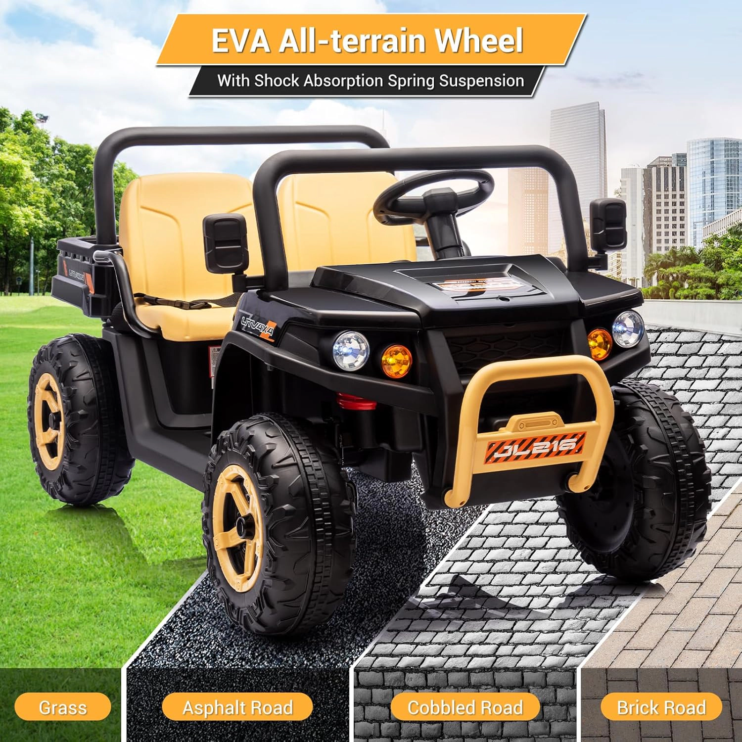 Enjyam 24V Kids 2-Seater Ride On Dump Truck, 4×35W Motors, Electric Bed, Shovel, Remote, Bluetooth, Music & LED Lights