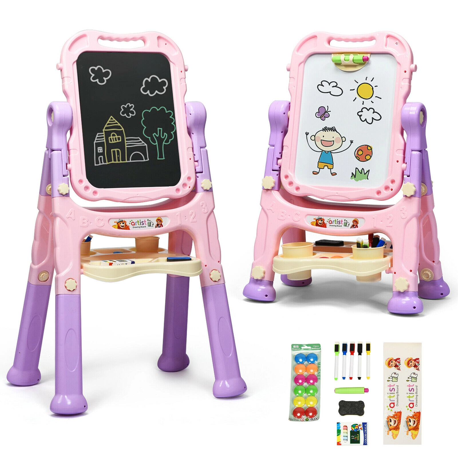 SUGIFT Pink Height Adjustable Kids Art Easel with Magnetic Double-Sided Board